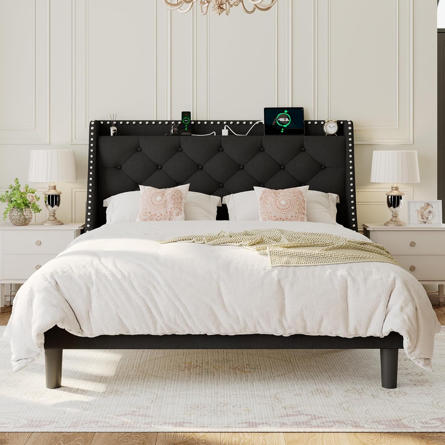 Einhomn Full Size Bed Frame with Wingback Button Tufted Storage Headboard and Type AC Ports, Upholstered Platform Bed, Wooden Slats Support, No Box Spring Needed, Noise-Free, Black