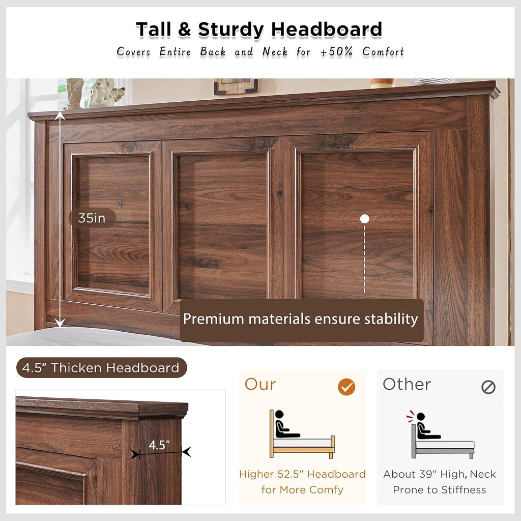 JXQTLINGMU Farmhouse Queen Wood Bed Frame with 52' Tall Headboard & 20' H Footboard, Platform Bedframe with Hidden Storage Drawers, Noiseless, No Box Spring Required, Brown