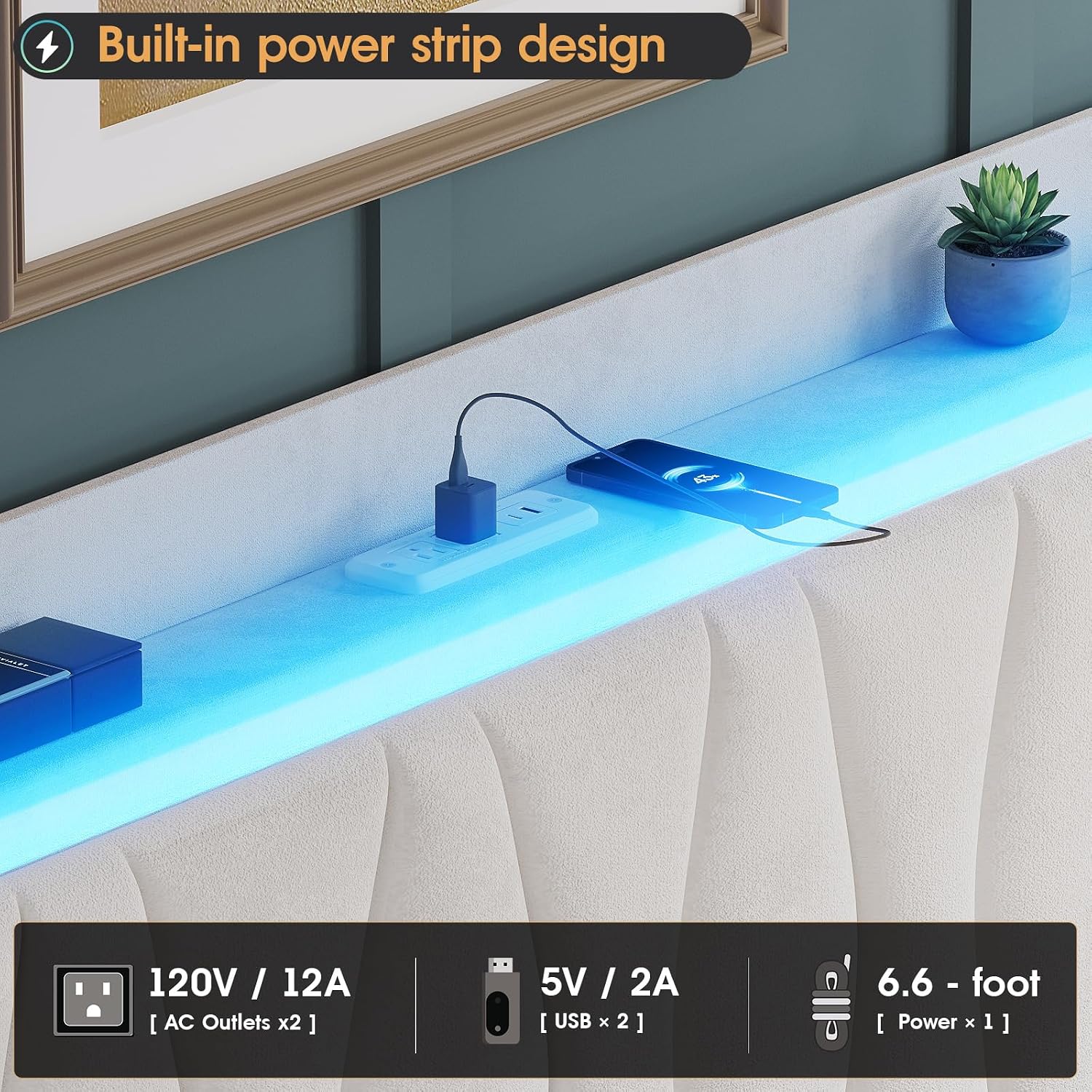 Fameill Full Size Bed Frame with LED Light and 3 Drawers Storage, Upholstered Velvet Platform Bed Frame with Charging Station, Wingback Tall Headboard, No Box Spring Needed, Beige