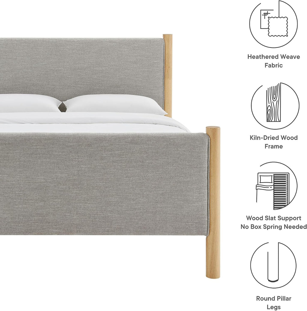 Modway Maven Queen Size Bed Frame in Wheat Oak with Upholstered Fabric Headboard and Footboard – Wood Queen Platform Bed Frame – No Box Spring Needed