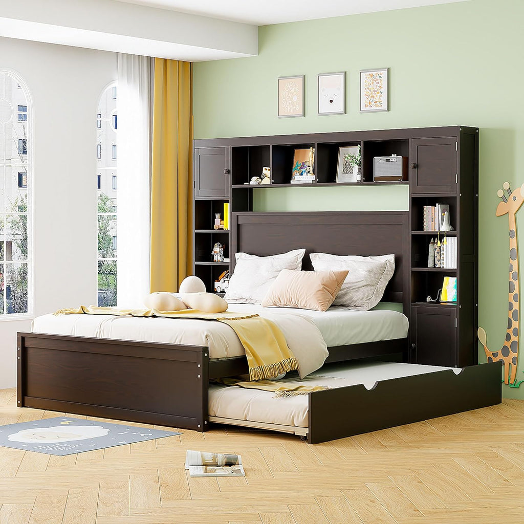 Queen Storage Bed with Bookcase Headboard, Queen Size Platform Bed with Trundle and 2 Storage Drawers, Solid Wood Queen Size Bed Frame with Cabinet and Shelf, No Box Spring Needed (Espresso)