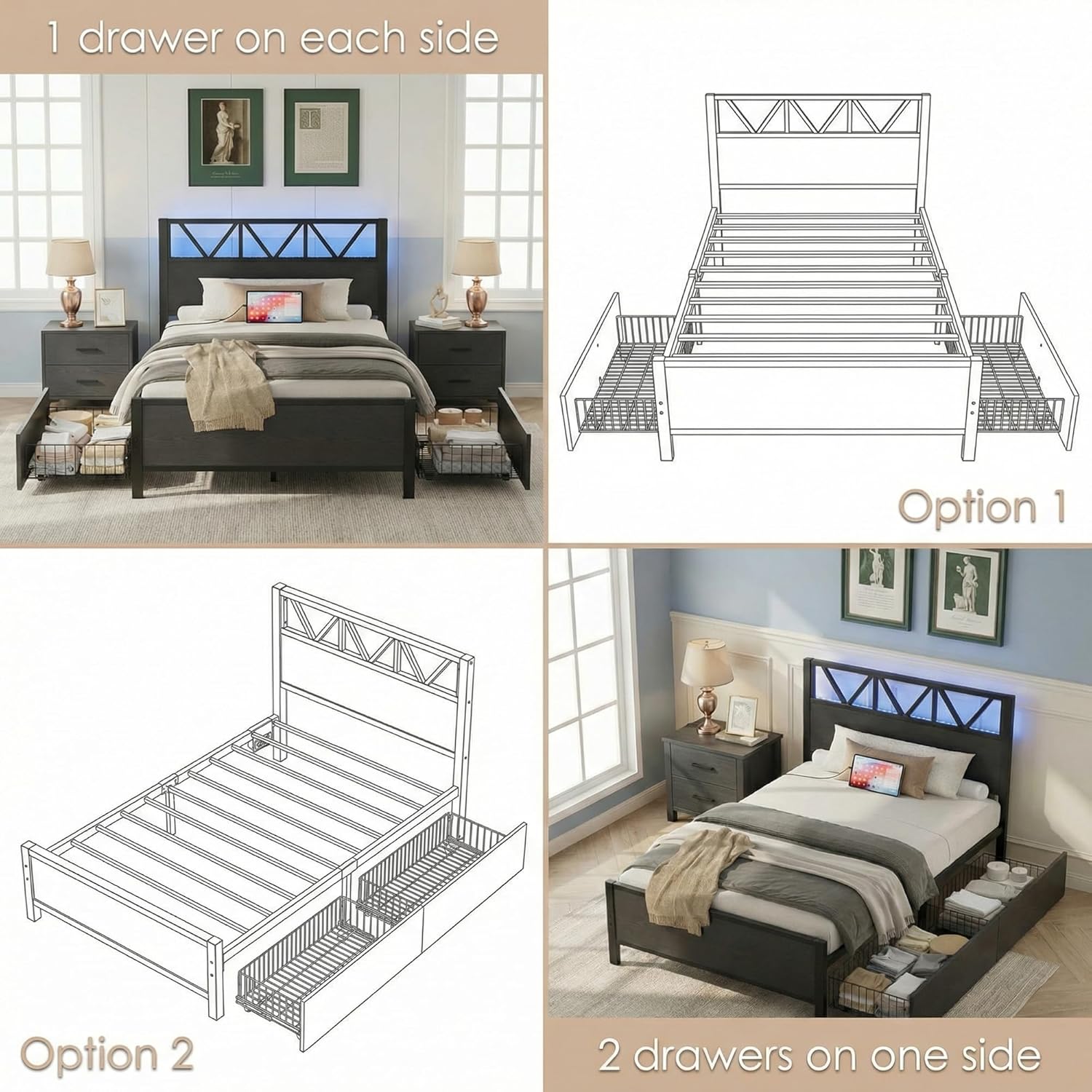 LIKIMIO Twin Bed Frames with 2 Storage Drawers, Charging Station and LED Lights, Platform Twin Bed with Headboard, Strong Metal Slats, No Box Spring Needed, Easy Assembly, Noise-Free, Black