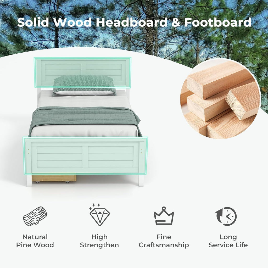Giantex Wood Twin Bed with 2 Storage Drawers, Solid Wood Platform Bed with Headboard, Wooden Slats Support Mattress Foundation, No Spring Needed, Twin Bed Frame for Kids, Teens, Adults, White