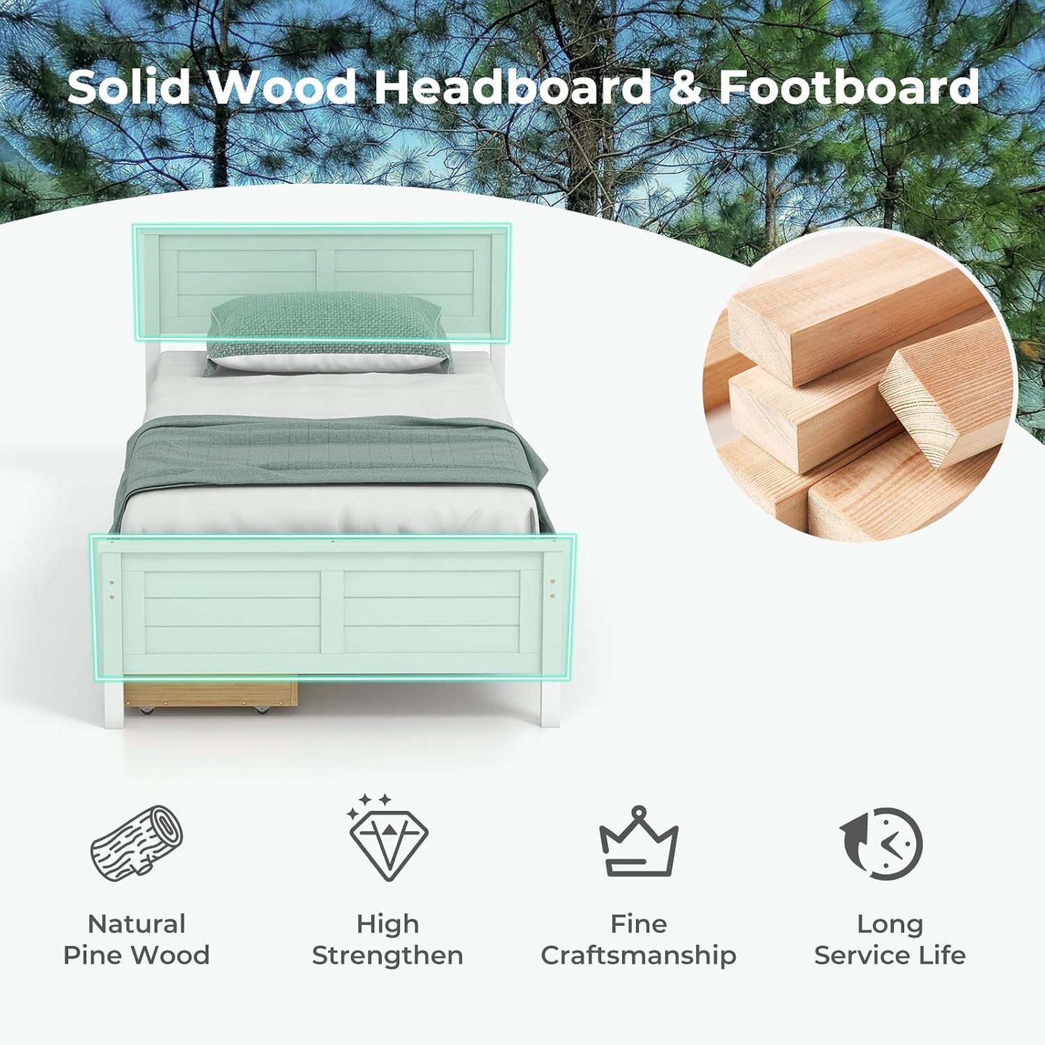 Giantex Wood Twin Bed with 2 Storage Drawers, Solid Wood Platform Bed with Headboard, Wooden Slats Support Mattress Foundation, No Spring Needed, Twin Bed Frame for Kids, Teens, Adults, White