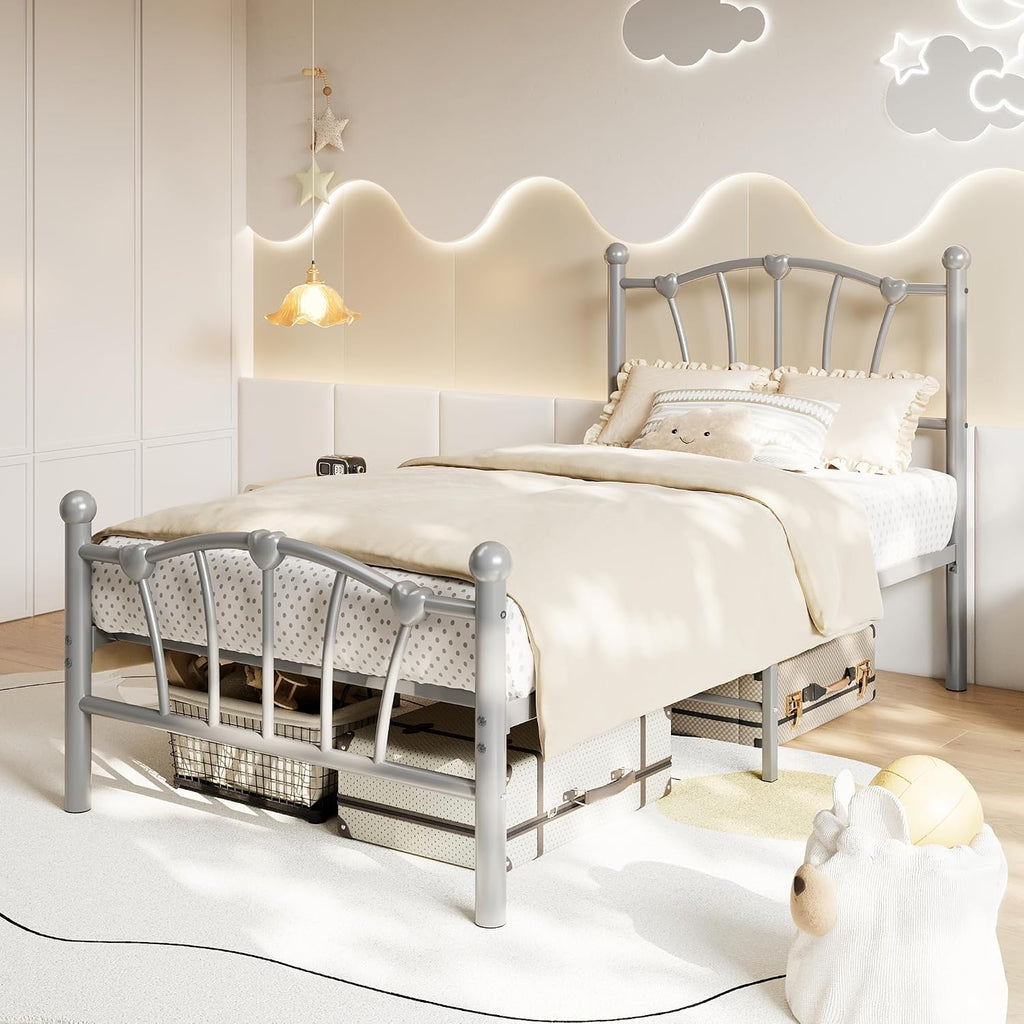 GarveeHome Twin Size Bed Frame, Heart Shaped Metal Bed Frame with Headboard and Footboard, Platform Bed Frame with Sturdy Slat Support, Underbed Storage Space, No Box Spring Needed, Grey