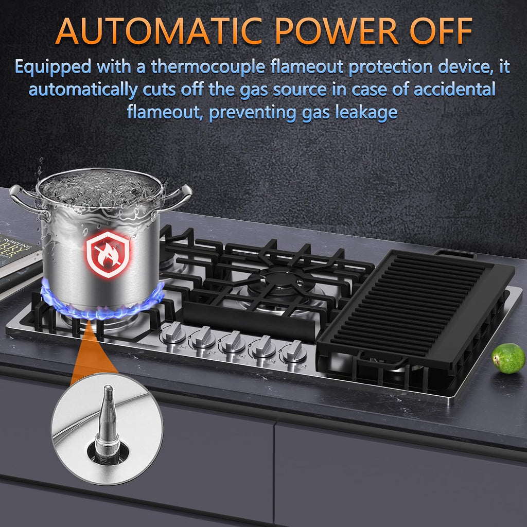 36 inch Gas Cooktop with Griddle, Bulit-in Gas Stove Top with 5 Burner, NG/LPG Convertible Cooktops, 5 Burner Propane Cooktop with Thermocouple Protection, Stainless Steel