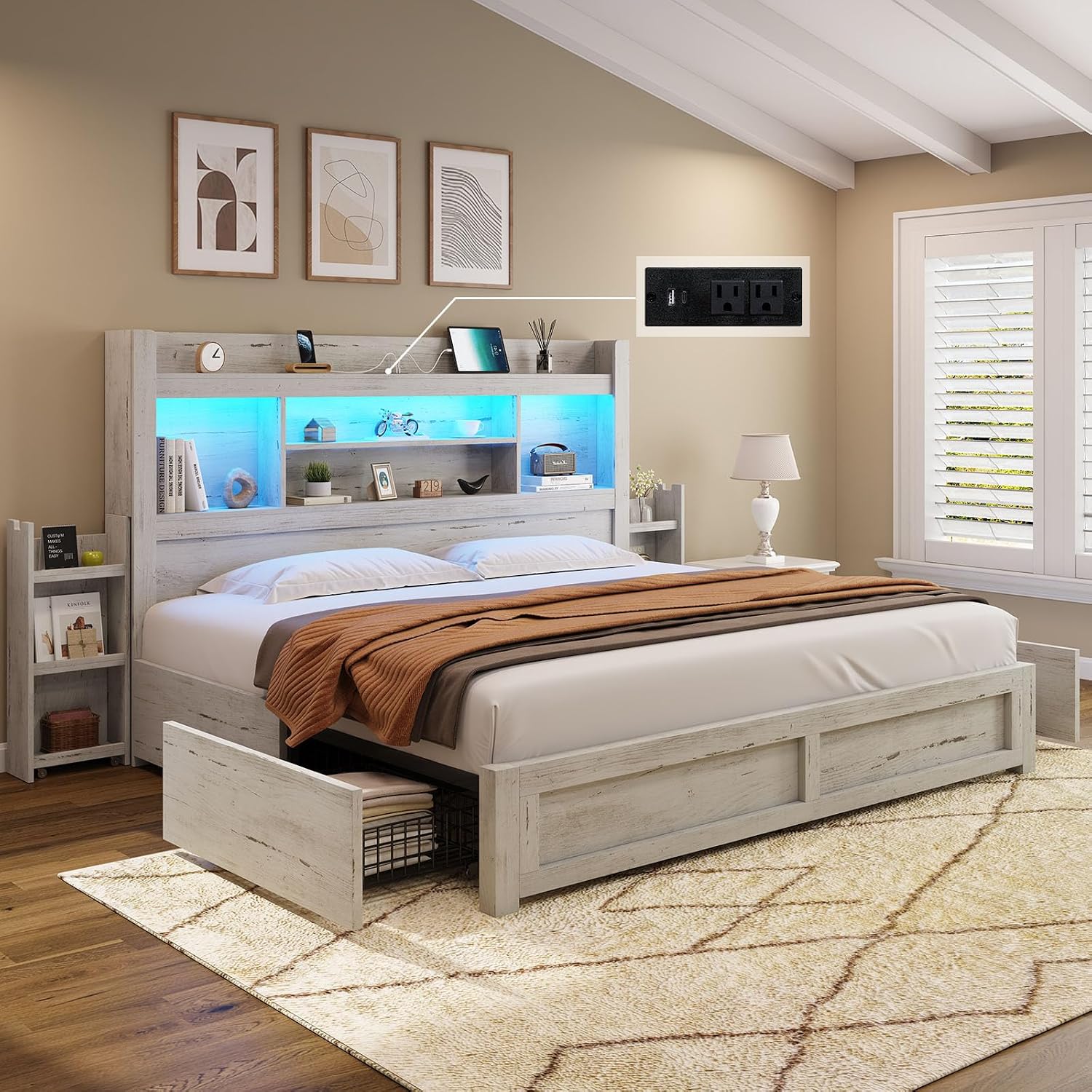 AMERLIFE King Bed Frame with 4 Storage Drawers, LED Bed Frame with 49.6' Tall Bookcase Headboard, Wood Platform Bed with 2 Slide Bedside Shelf & Charging Station, No Box Spring Needed/Distressed White