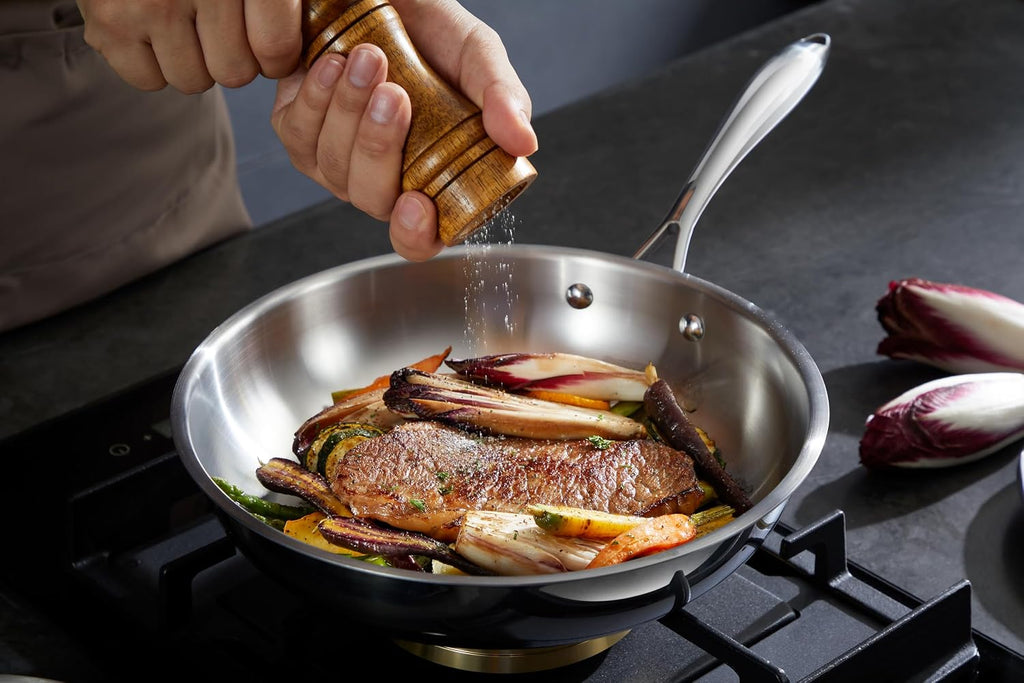10 Piece Stainless Steel Pot and Pan Set, 5 Ply Clad, Includes Frying Pans, Saucepans, Saute Pan and Stock Pot, Compatible with All Cooktops, PTFE, PFAS and PFOA Free