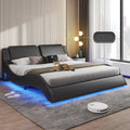 DICTAC Queen Bed Frame with Led Lights and Charging Ports Modern Upholstered Queen Size Platform Bed with Headboard Faux Leather Wave Like Curve Low Profile Platform Bed Frame,Wood Slats Support,Black