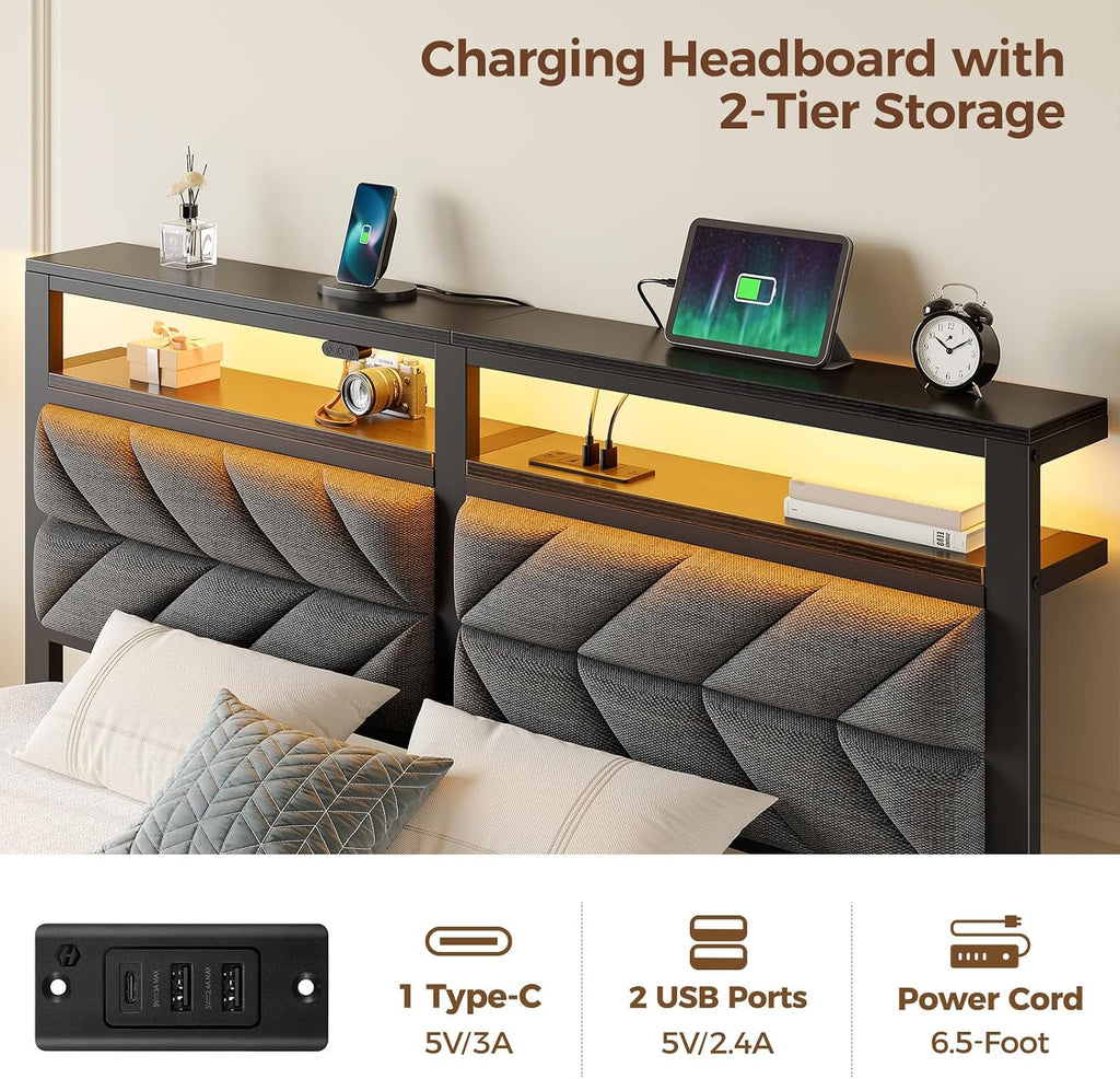 Seventable Bed Frame King Size with Charging Station, LED Bed with Upholstered Storage Headboard, Metal Platform Bed with Under Bed Storage, No Box Spring Needed, Noise Free, Easy Assembly, Grey