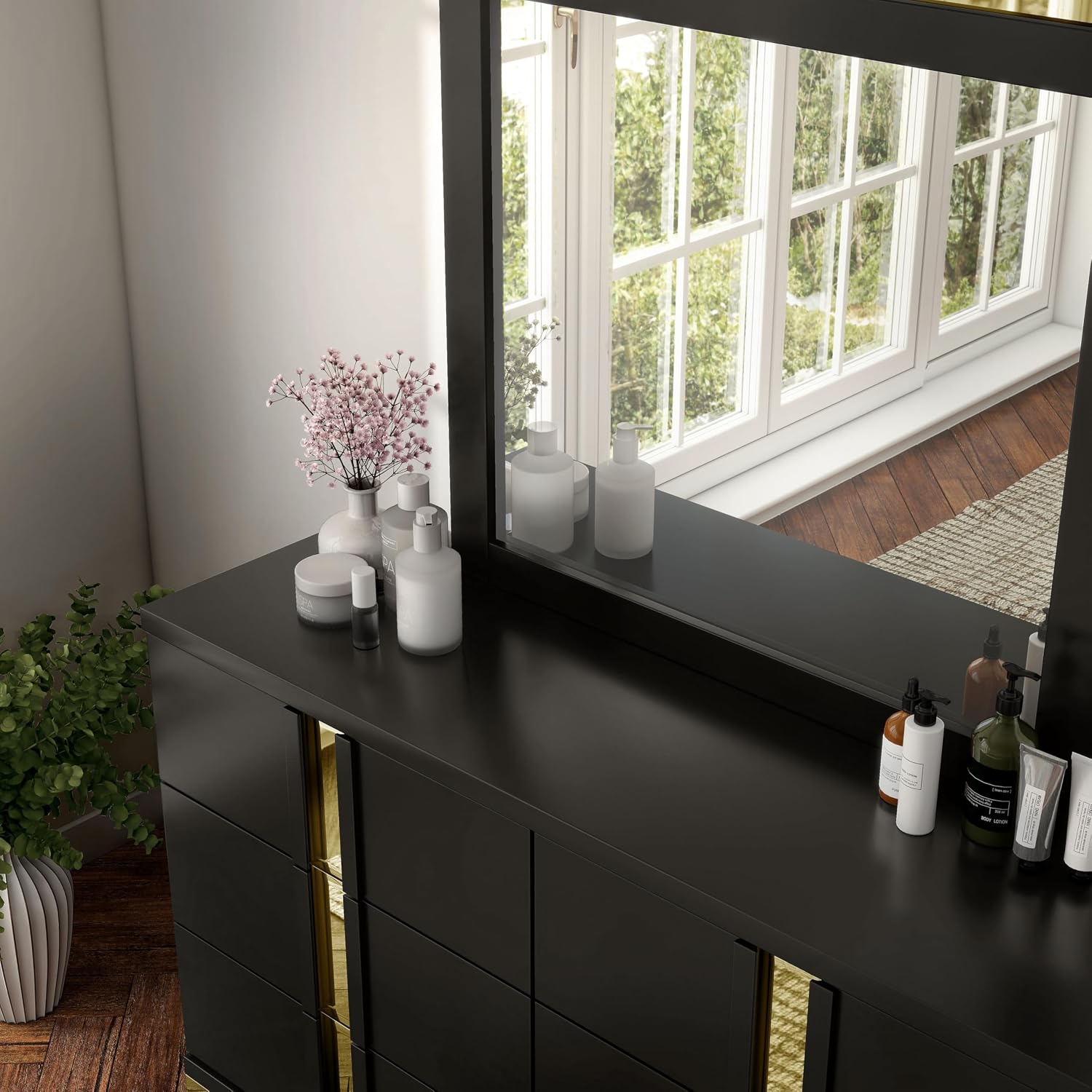 Furniture of America Ansten Modern Wood 5-Piece Platform Bedroom Set with Gold Trim, Underbed LED, Dust Proof Cases, Bracketed Metal Legs, No Box Spring Needed, Full, Black