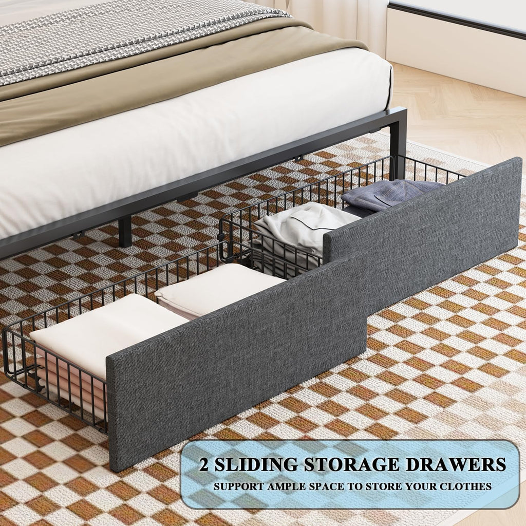 TIGUBFRE LED Bed Frame Full Size with Bookshelf Headboard, 2 Hidden Storage Drawers, Upholstered Platform Metal Bed Frame with Charging Station, Metal Slats Support, Noise Free, No Box Spring Needed