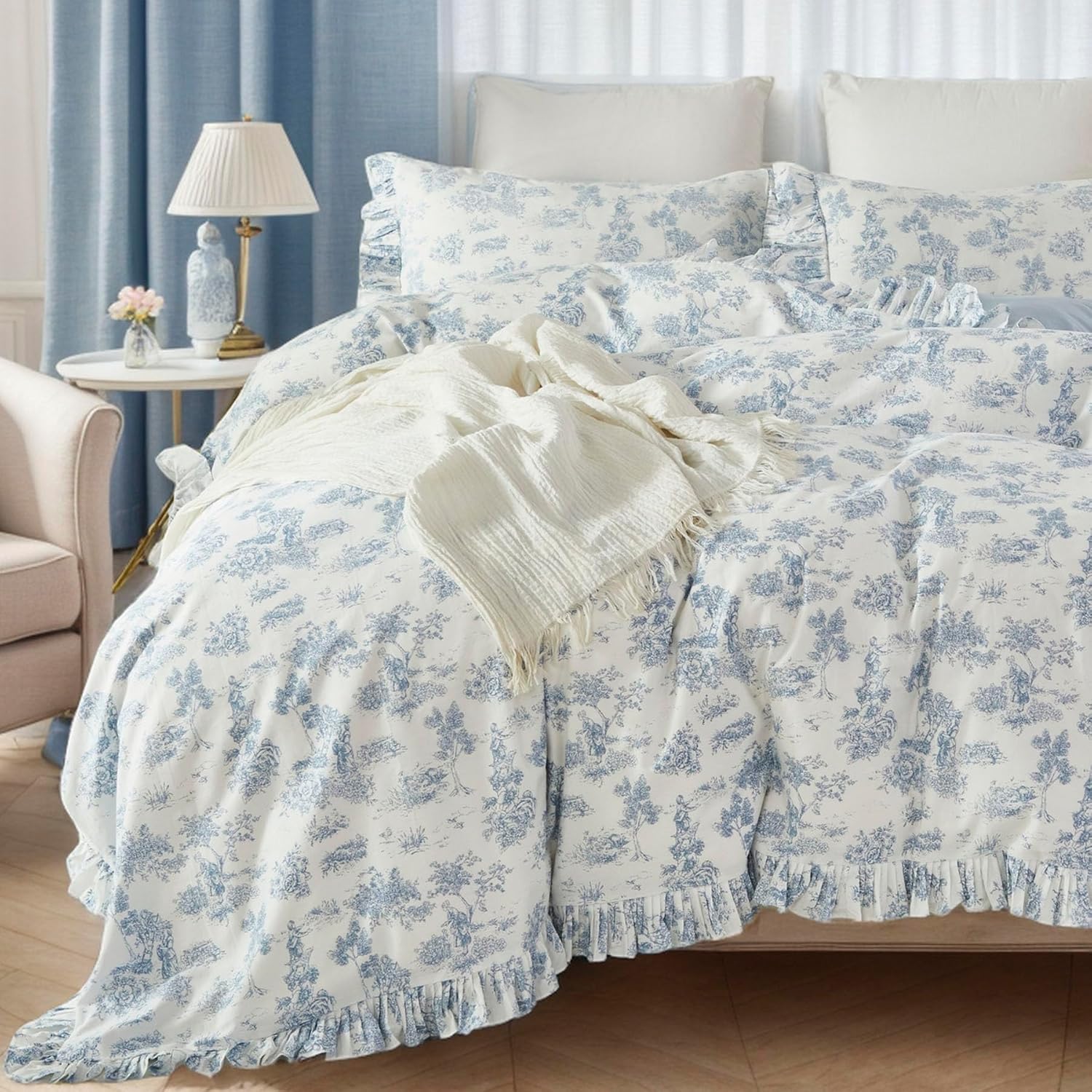 Brandream French Country Toile Queen Duvet Cover Set for Girl Women Bedroom Vintage Blue Toile Floral Print 100% Cotton Duvet Quilt Comforter Cover Pillow Shams Set with Delicate Ruffle Fringe