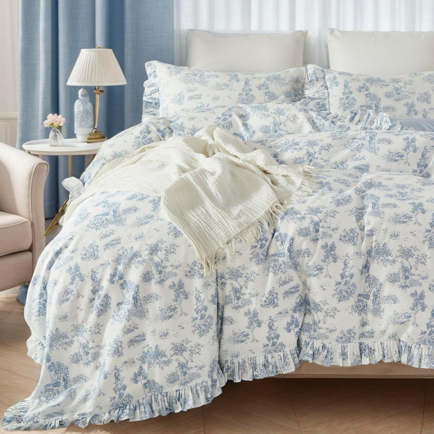 Brandream French Country Garden Toile Floral Duvet Quilt Cover King Size 100% Cotton Bedding Set Toile Tapestry Pattern Blossom Tree Branches Delicate Ruffle Fringe Design