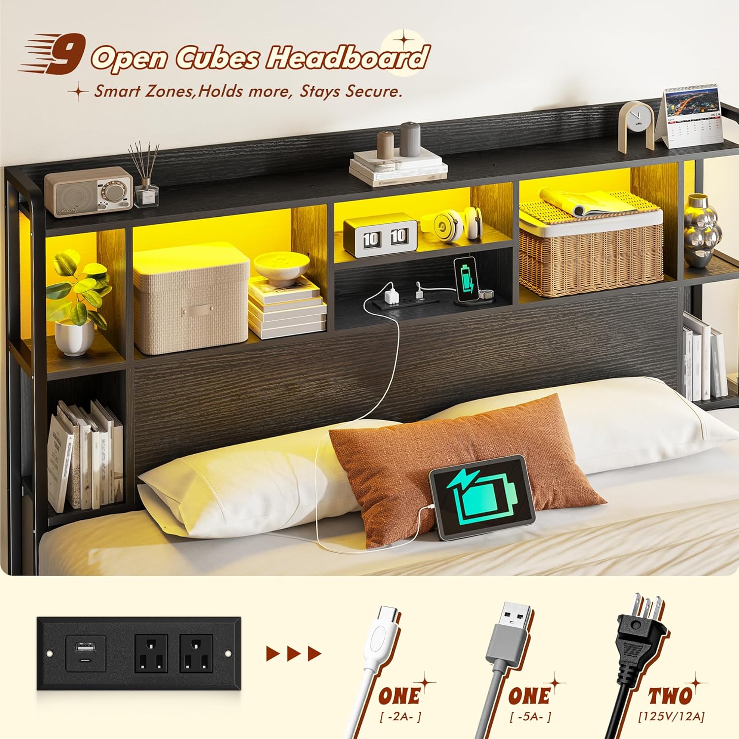 Homkdom Full Size Bed Frame with Storage Headboard & 4 Large Drawers Bed Frame Full Size with 51' Tall Headboard 9 Compartments Led Lights & Charging Station,No Box Spring Needed, No Noise,Black