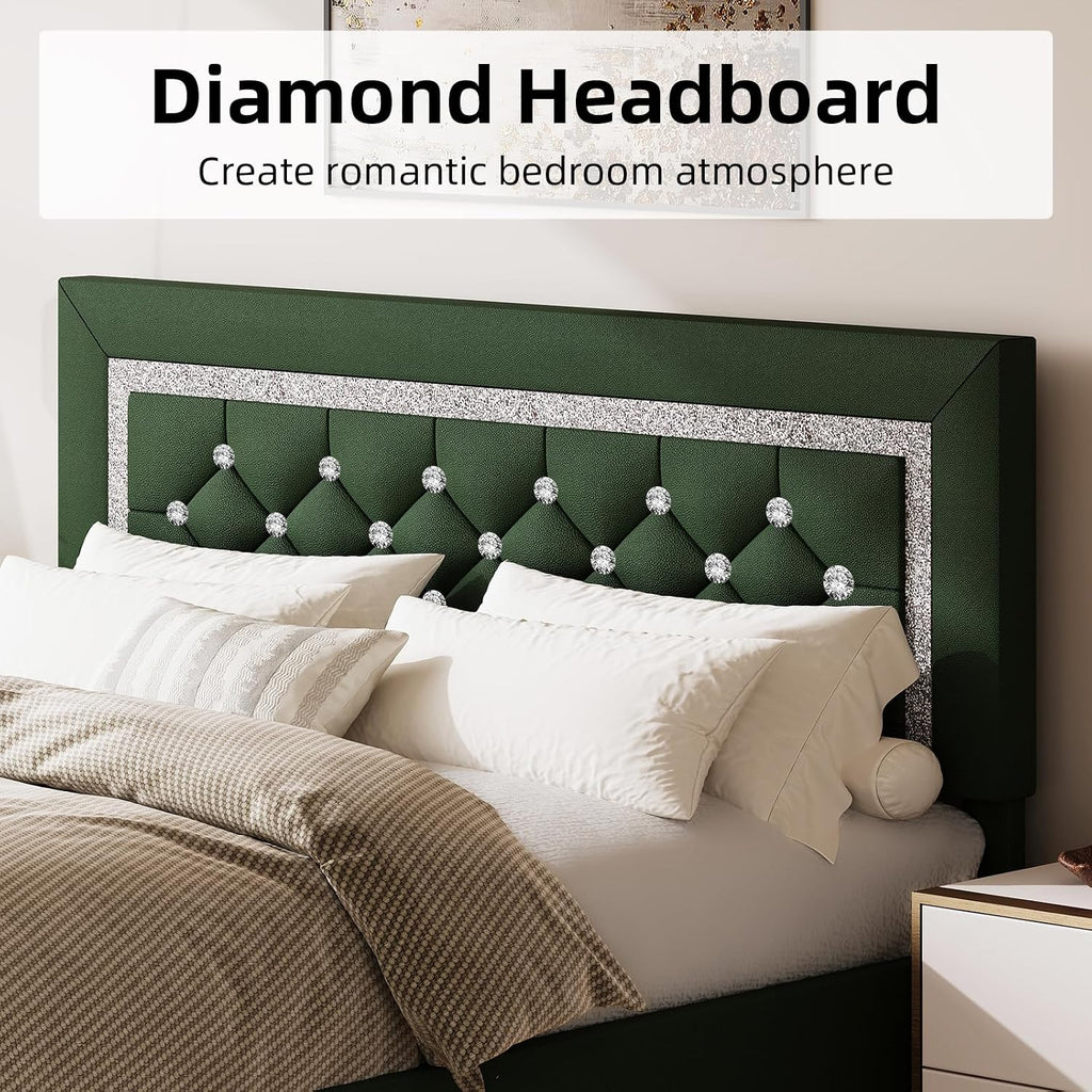 BarnFurin Queen Size Bed Frame with Headboard, Faux Leather Upholstered Bed with Diamond Tufted Design, Modern Bed Frame with Wooden Slats Support, No Box Spring Required, Easy Assembly, Green