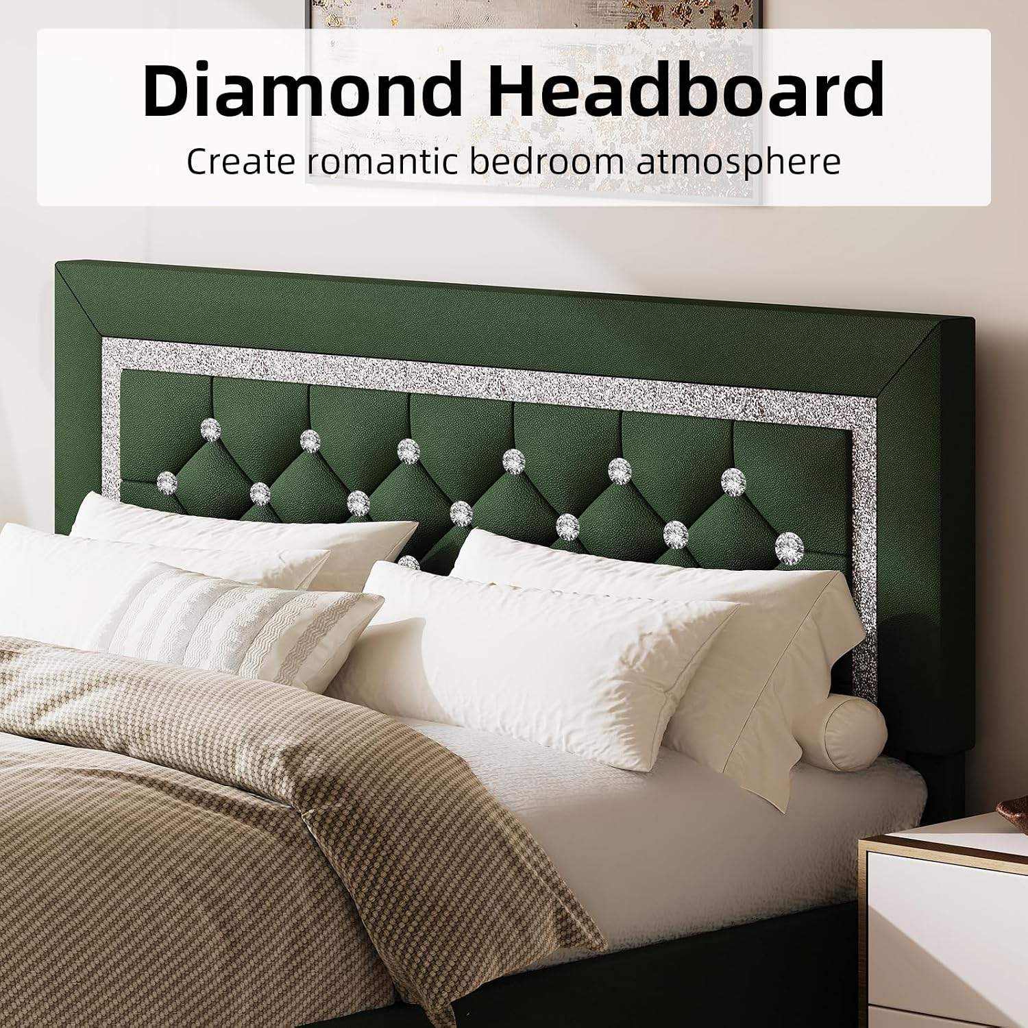 BarnFurin Queen Size Bed Frame with Headboard, Faux Leather Upholstered Bed with Diamond Tufted Design, Modern Bed Frame with Wooden Slats Support, No Box Spring Required, Easy Assembly, Green