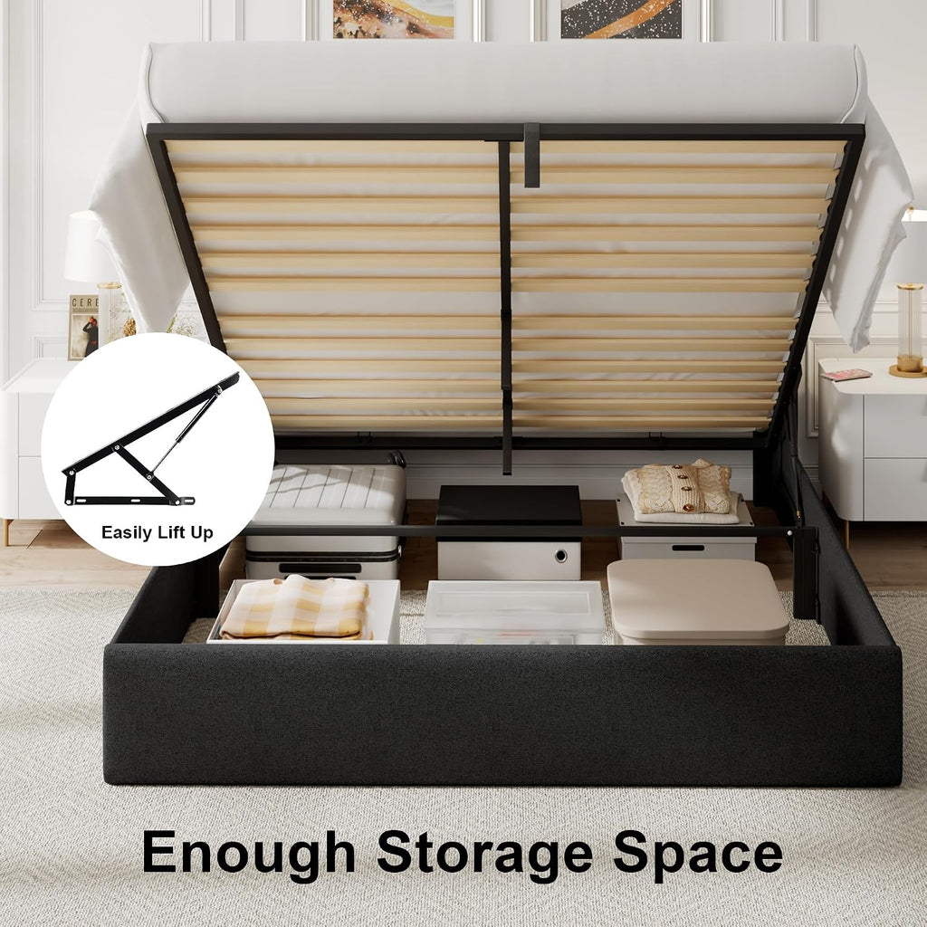 Feonase Full Size Bed Frame with Storage & Charging Station - Hydraulic Lift Up Platform Bed, Upholstered Button Tufted Headboard, Sturdy Wooden Slats, Noise-Free, No Box Spring Needed,Black