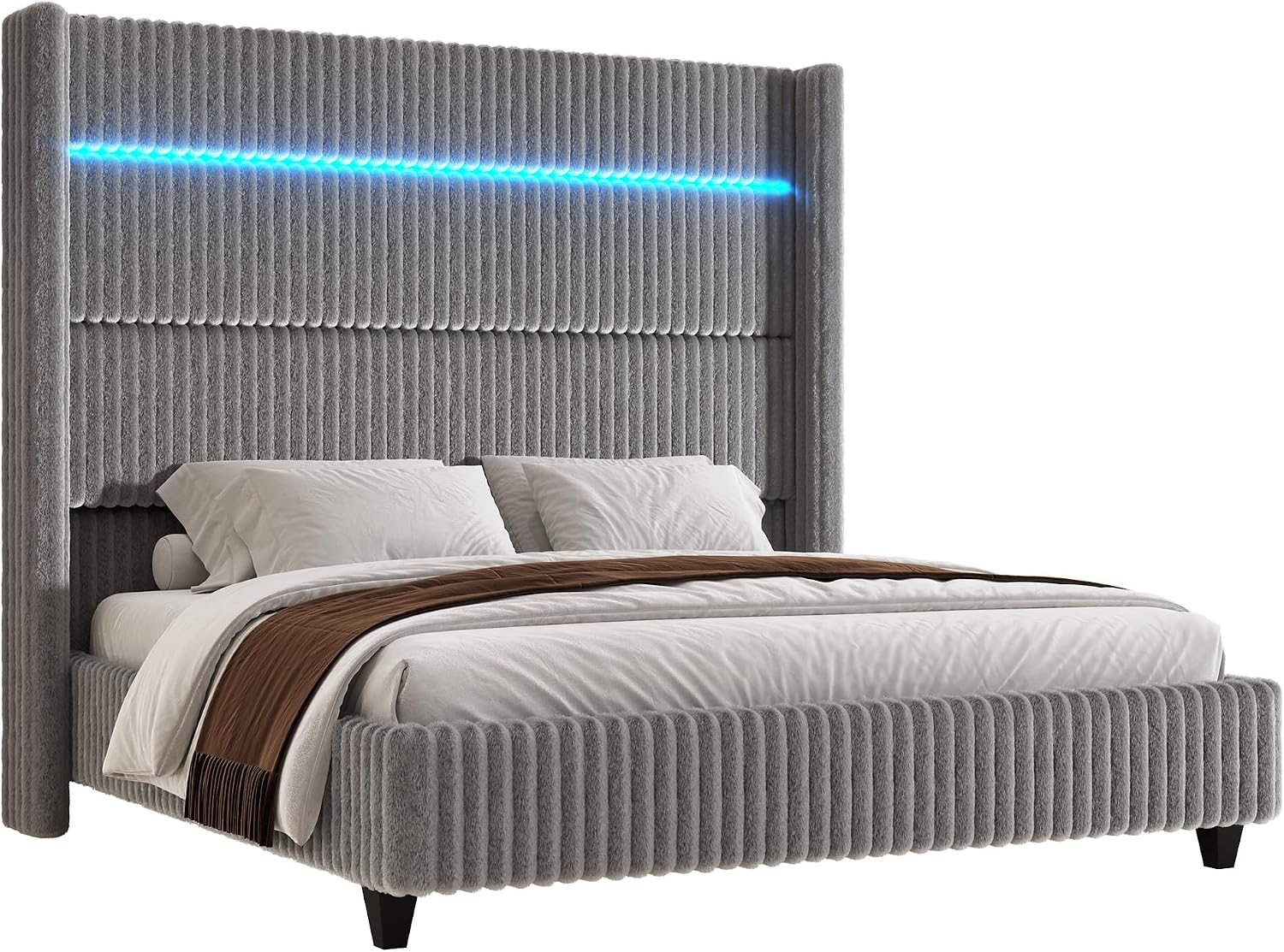 Jocisland King Faux-Fur Upholstered Bed Frame with 60' Wingback Headboard, Built-in LED/Charging, Noise-Free, Easy Assembly, No Box Spring, for Family with Kids/Pets & Luxury Bedroom, Grey