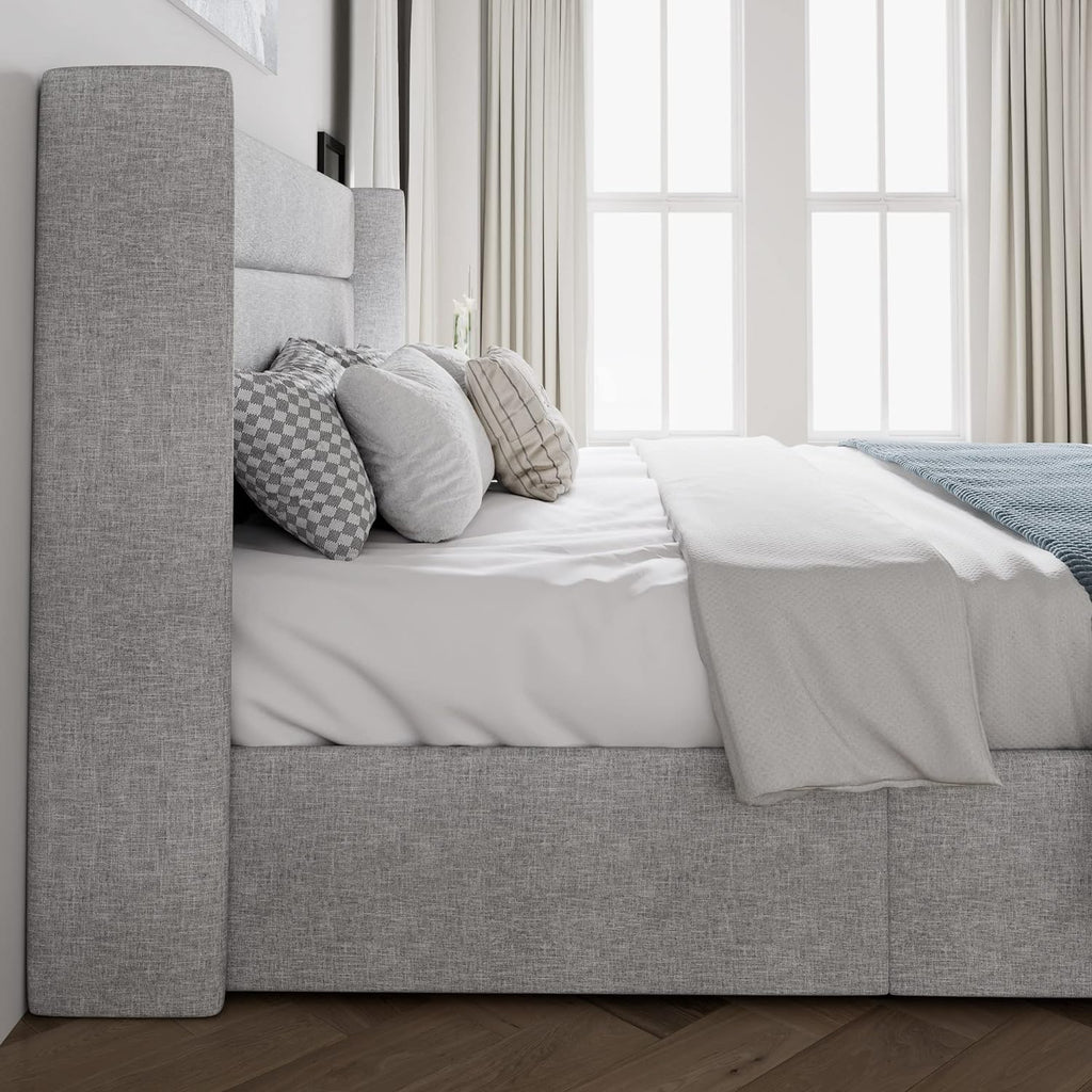 SHA CERLIN Queen Size Lift Up Storage Bed/Modern Wingback Headboard/Upholstered Platform Bed Frame/Hydraulic Storage/No Box Spring Needed/Wood Slats Support/Light Grey