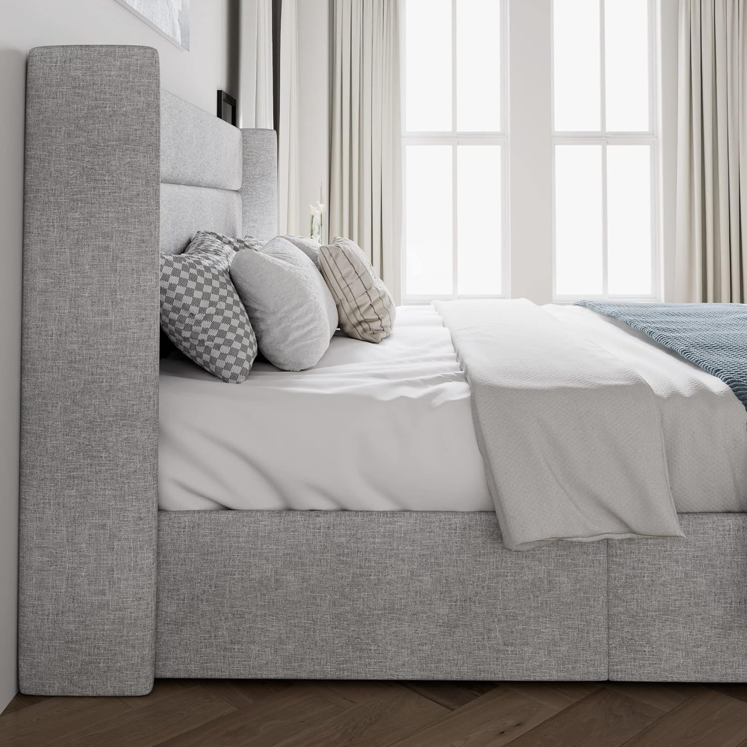 SHA CERLIN Queen Size Lift Up Storage Bed/Modern Wingback Headboard/Upholstered Platform Bed Frame/Hydraulic Storage/No Box Spring Needed/Wood Slats Support/Light Grey