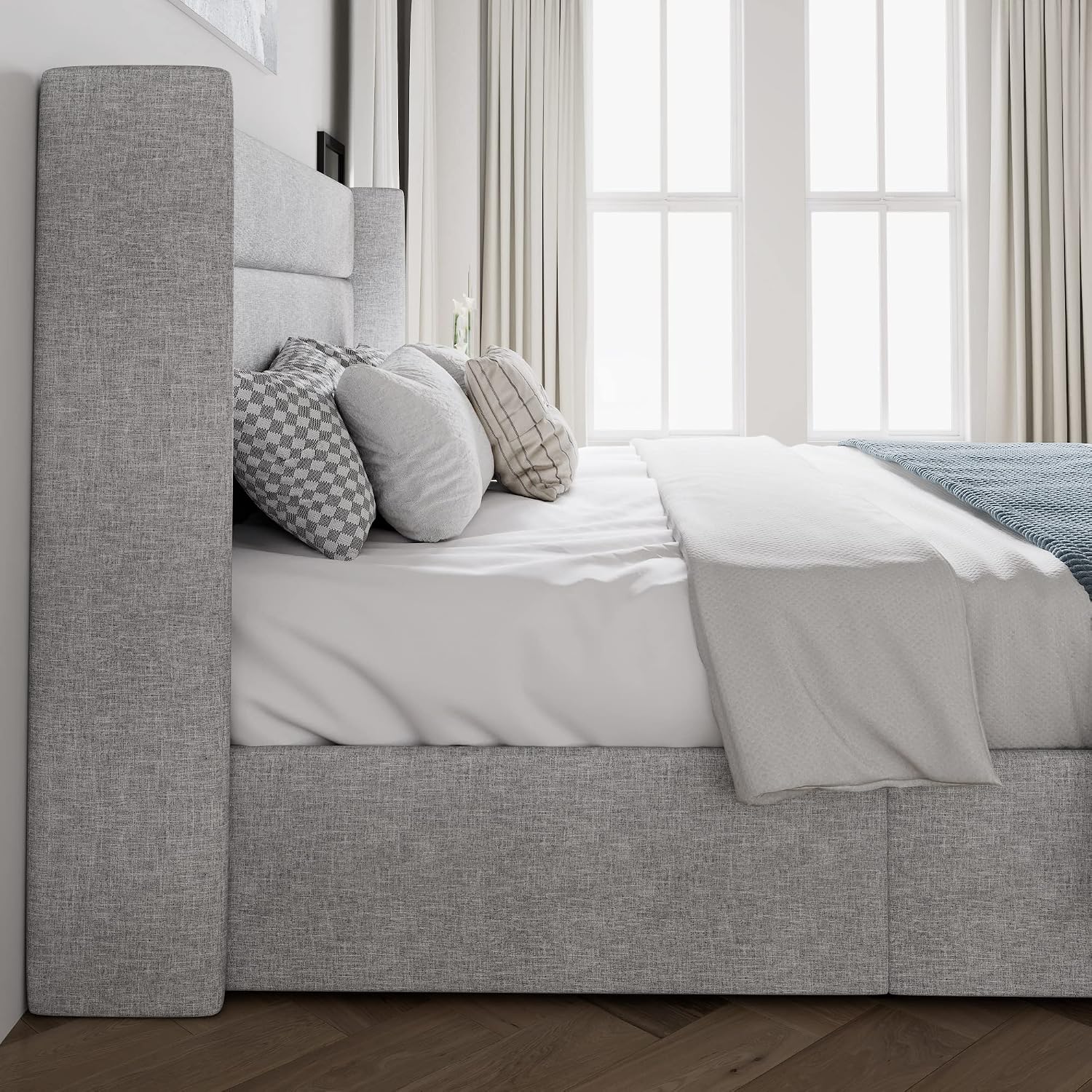 SHA CERLIN King Size Lift Up Storage Bed/Modern Wingback Headboard/Upholstered Platform Bed Frame/Hydraulic Storage/No Box Spring Needed/Wood Slats Support/Light Grey