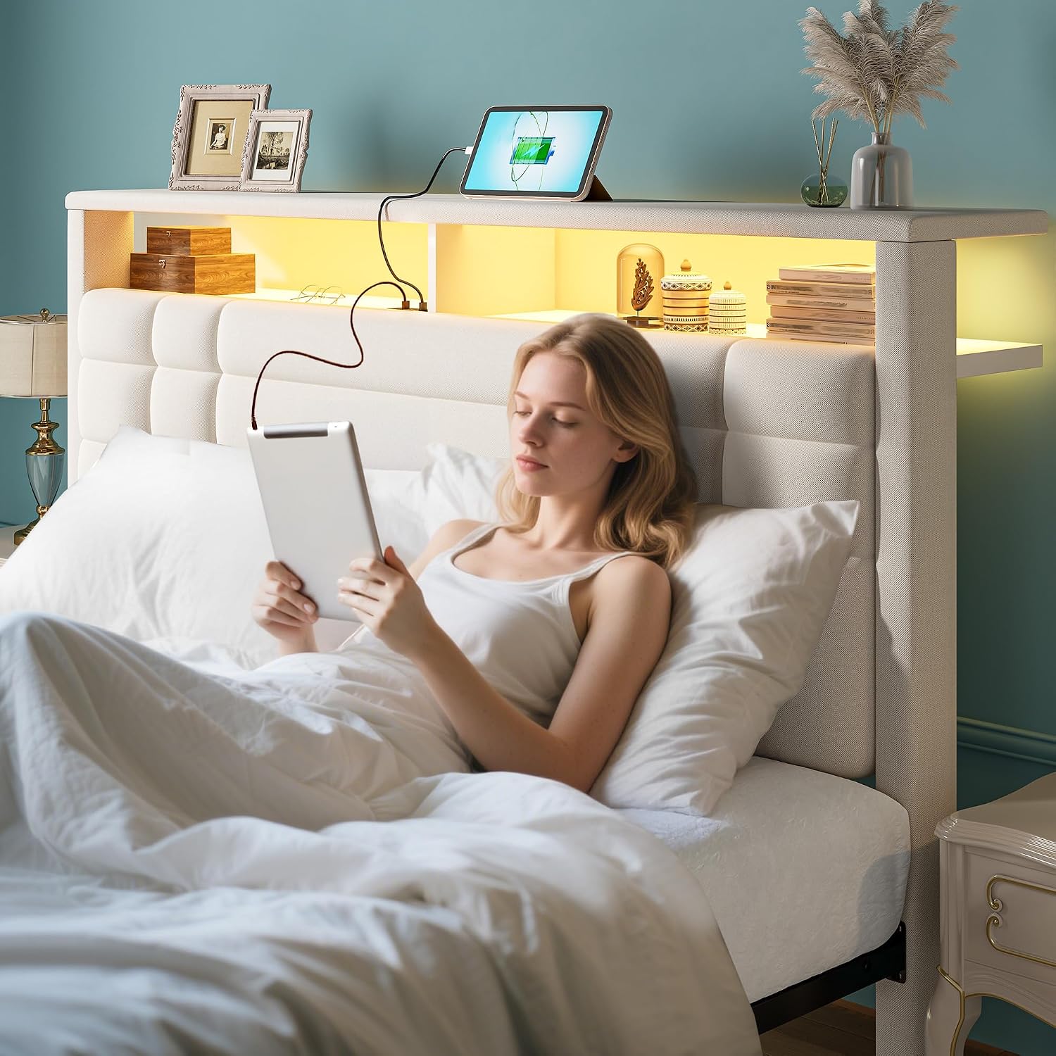 EnHomee Full Size Bed Frame with Charging Station and LED Lights, Full Bed Frame with 2-Tier Storage, Upholstered Platform Bed Frame, Sturdy Metal Slats, No Box Spring Need, Beige