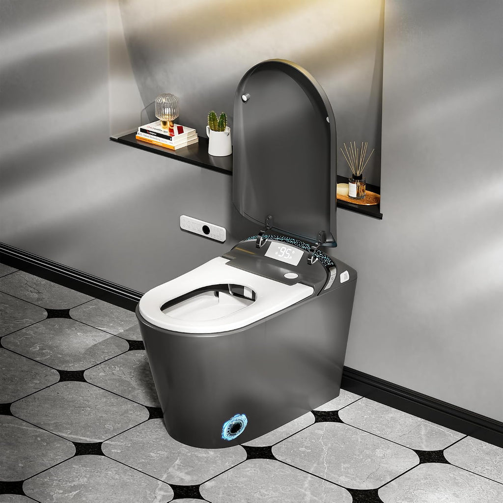 WinZo Smart Toilet with Bidet, 17 inch Comfort Seat Height, Auto Open/Close Foot Kick Flush Heated Seat, LED Night Light, 1.28 GPF Multiple Cleaning Modes (Matte Grey)
