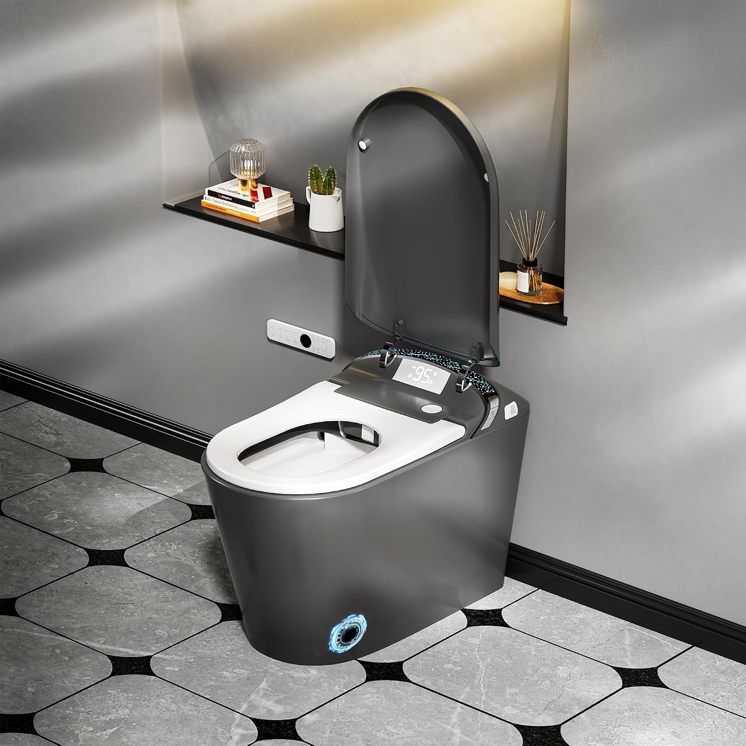 WinZo Smart Toilet with Bidet, 17 inch Comfort Seat Height, Auto Open/Close Foot Kick Flush Heated Seat, LED Night Light, 1.28 GPF Multiple Cleaning Modes (Matte Grey)