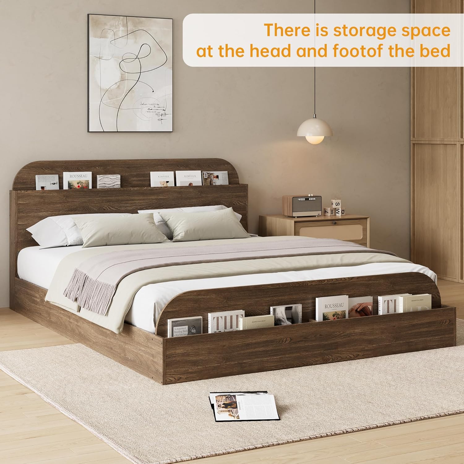 GarveeHome Full Size Bed Frame, Wooden Beds with Storage Headboard and Raised-Foodboard, Full-Floor Low Platform Bed for Bedroom, Sturdy Wooden Slats Support, No Box Spring Needed, Walnut