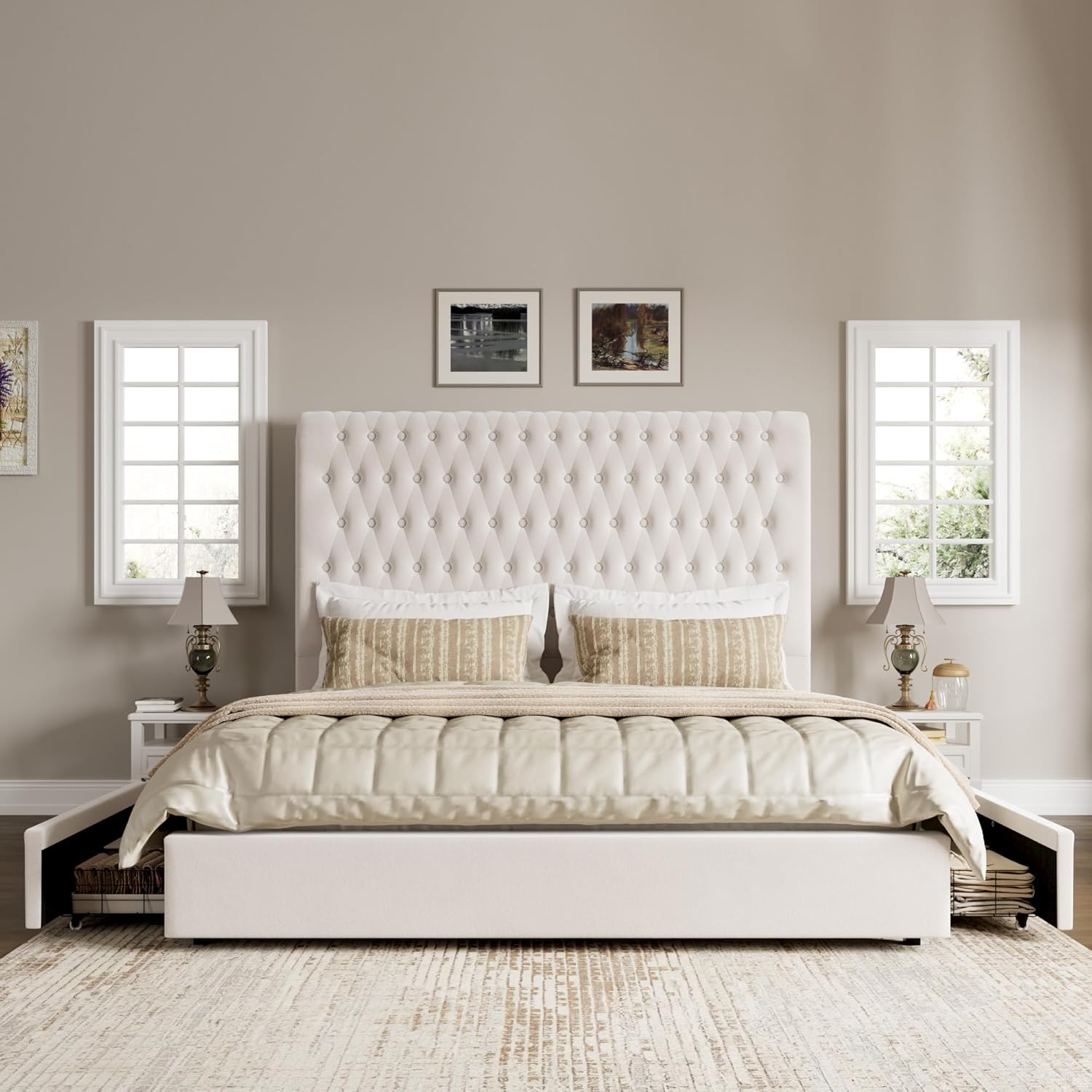 King Size Bed Frame 54' Tall Headboard with Gorgeous Button Tufted and Nail, Velvet Fabric Upholstered Bed Frame includes 4 Under-bed Storage Drawers, Wooden Slats, Noise-Free, Easy Assembly, Beige
