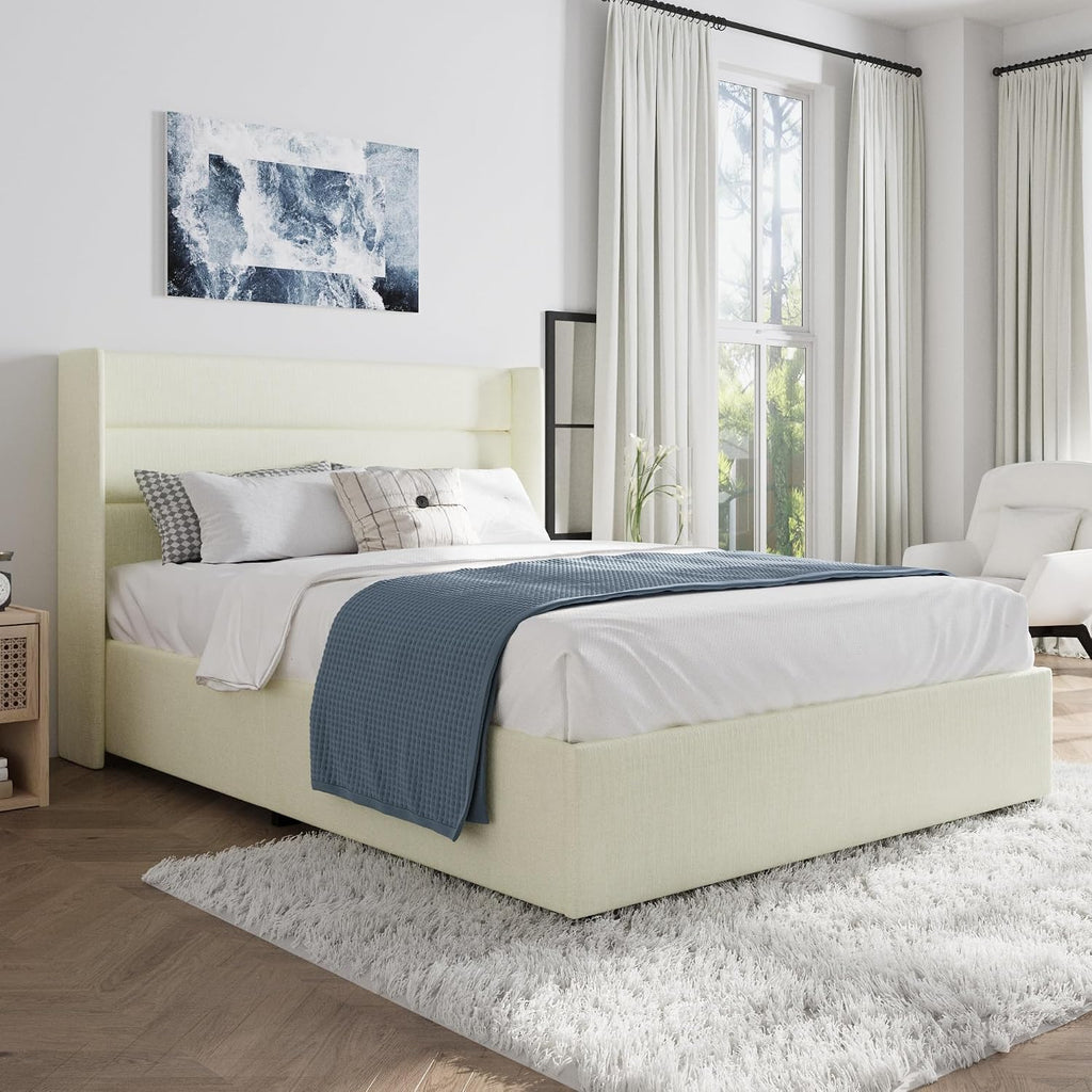 SHA CERLIN Full Size Lift Up Storage Bed/Chenille Fabric Upholstered/Modern Wingback Headboard/Platform Bed Frame/Hydraulic Storage/No Box Spring Needed/Wood Slats Support/Cream