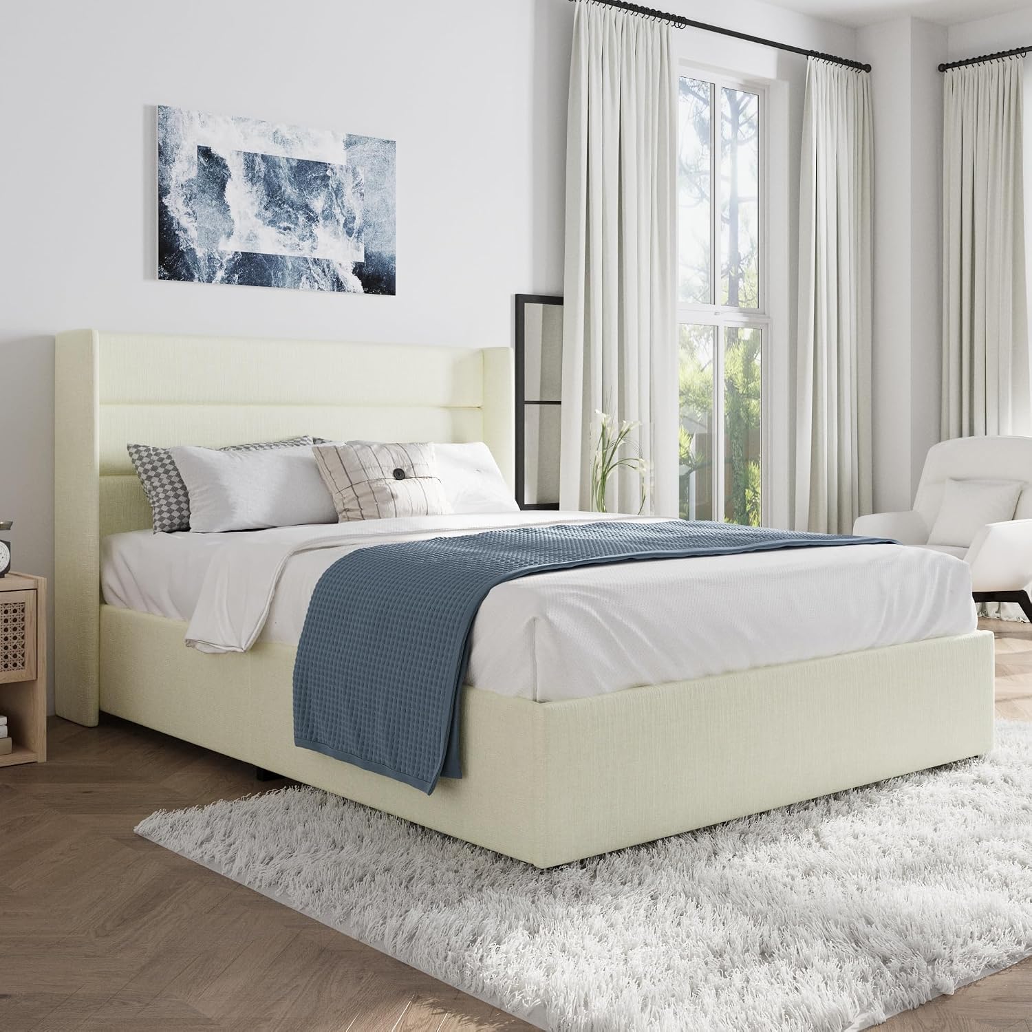 SHA CERLIN Full Size Lift Up Storage Bed/Chenille Fabric Upholstered/Modern Wingback Headboard/Platform Bed Frame/Hydraulic Storage/No Box Spring Needed/Wood Slats Support/Cream