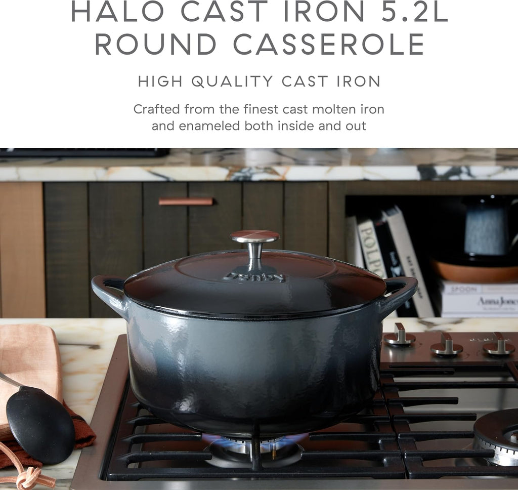 Denby - Halo Black Cast Iron Casserole Dish - Dutch Oven, Round Oven Safe Pot, Enamelled - 5.4L Capacity, 10in - Serves 6 People
