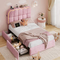 CypBed Twin Bed Frame with Storage Drawers and Headboard, Velvet Upholstered LED Platform Bed Frame for Kids – Sturdy Metal Cloud Bed Frame Twin with Wood Slats Support, No Box Spring Needed, Pink
