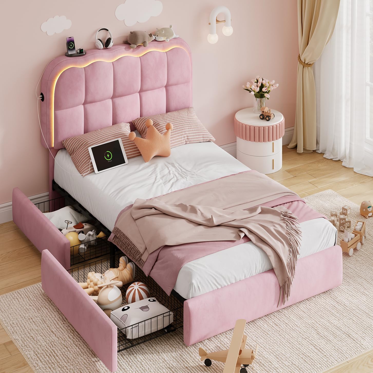 CypBed Twin Bed Frame with Storage Drawers and Headboard, Velvet Upholstered LED Platform Bed Frame for Kids – Sturdy Metal Cloud Bed Frame Twin with Wood Slats Support, No Box Spring Needed, Pink