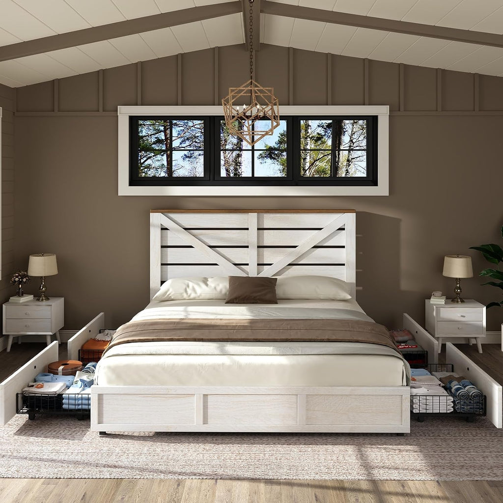 AMERLIFE King Size Farmhouse Bed Frame with 4 Drawers, Wooden Storage Bed Frame with Headboard and Heavy Duty Metal Slats, Noisy Free, Easy Assemble, White/Barnwood