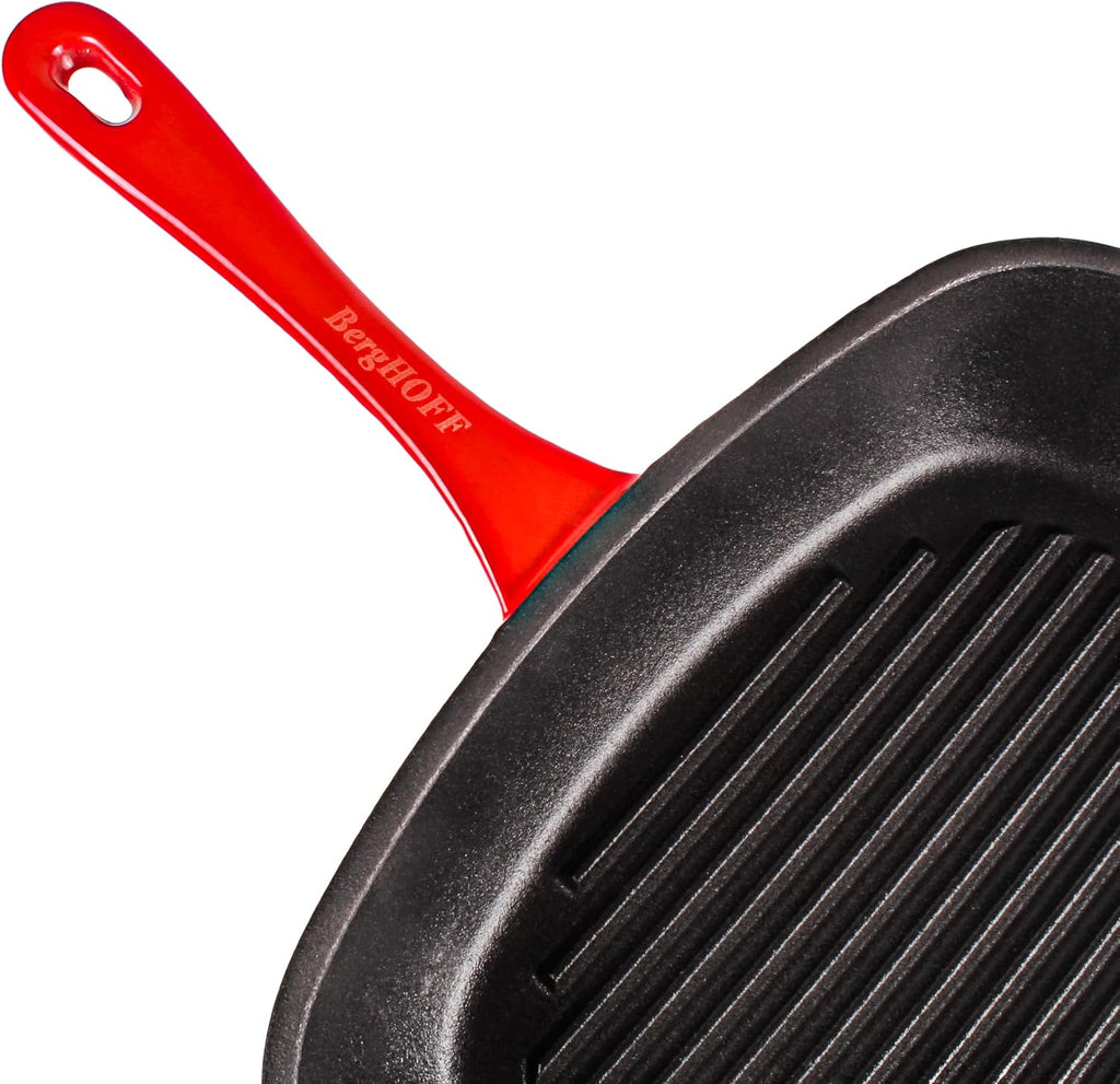 BergHOFF 3Pc Neo Enameled Cast Iron Cookware Set, 3qt. Dutch Oven, Matching Lid, Square Grill Pan 11 Inches, Oven Safe Up To 400°F, Red