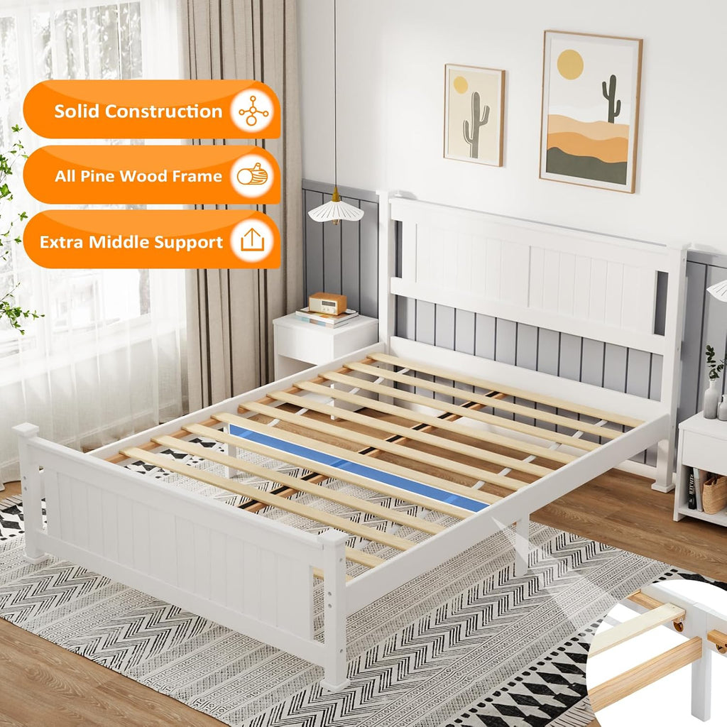 VINGLI Full Size Solid Wood Bed with Headboard, Sturdy & Durable Construction,Modern Minimalist Panel Platform Bed with Strong Support for Kids,Adults & Guests,Sleigh Bed,Crisp White