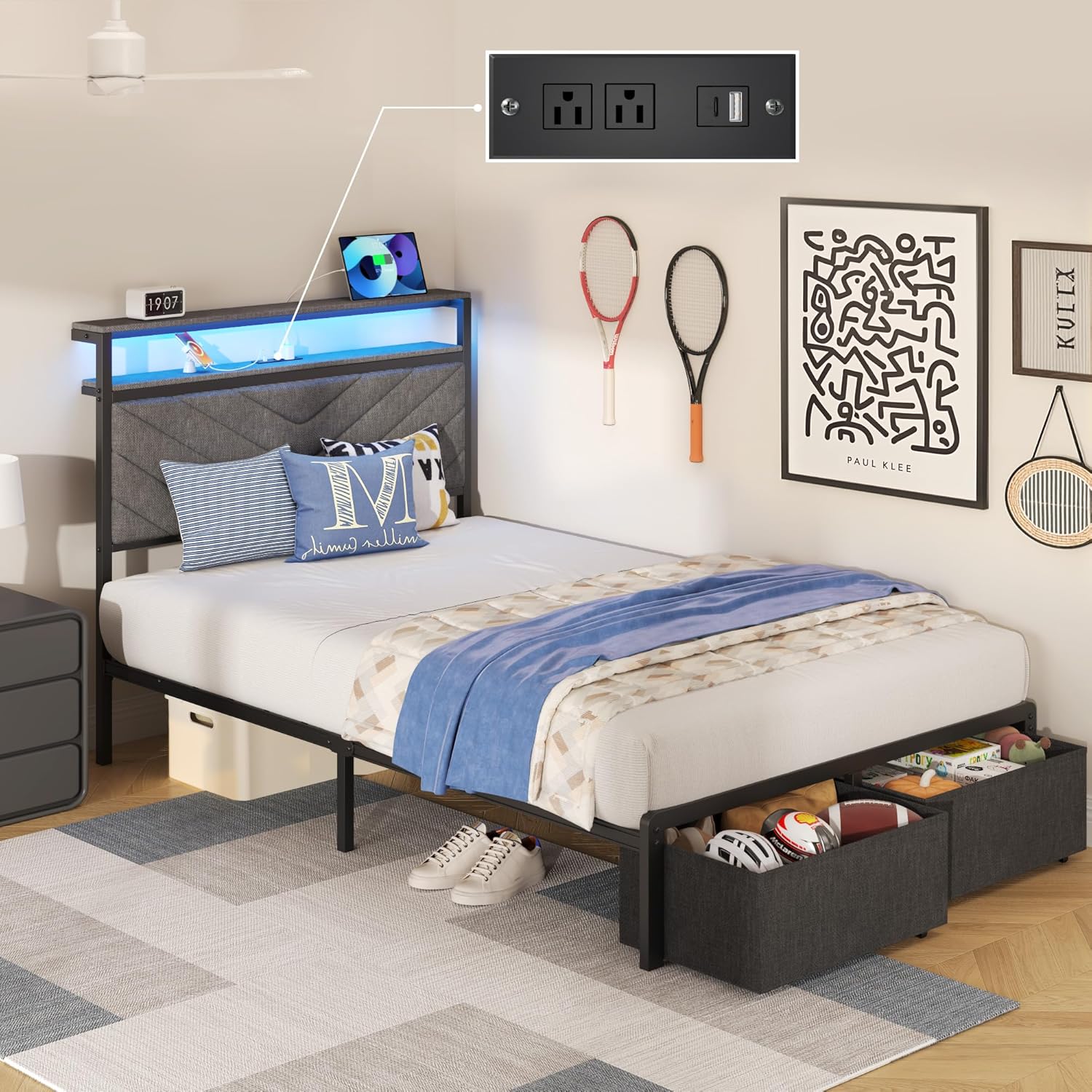 HISOFT Twin Bed Frame with Charging Station, LED Lights & 2 Storage Drawers, Grey Platform Bed with Upholstered Headboard, Under-Bed Storage, No Box Spring Needed, Easy Assembly, Strong Metal Support