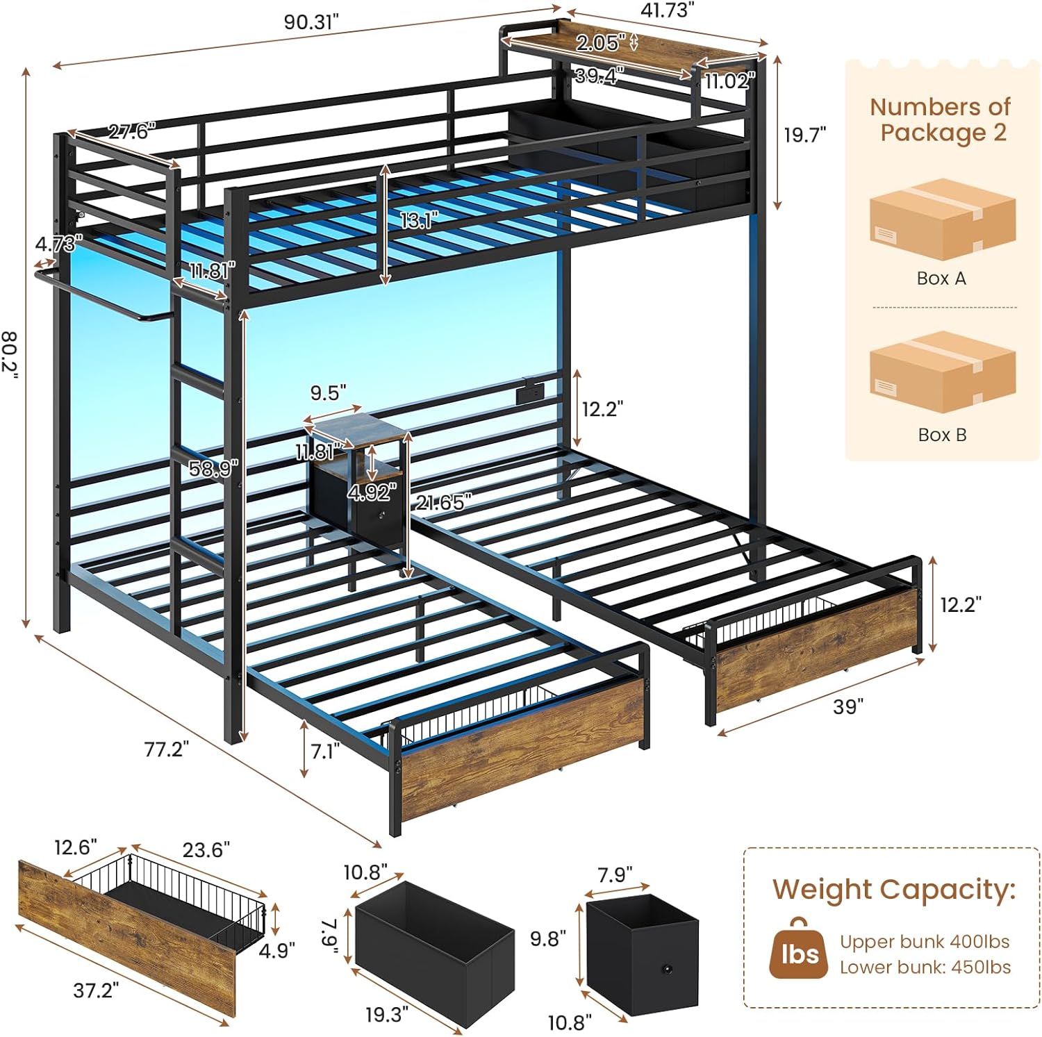 DICTAC Triple Bunk Bed for Kids with Storage Drawers and Charging Station Twin Over Twin Metal Bunk Bed with Storage Shelves and Box,3 Beds with Guardrails and Ladder, No Box Spring Needed, Black