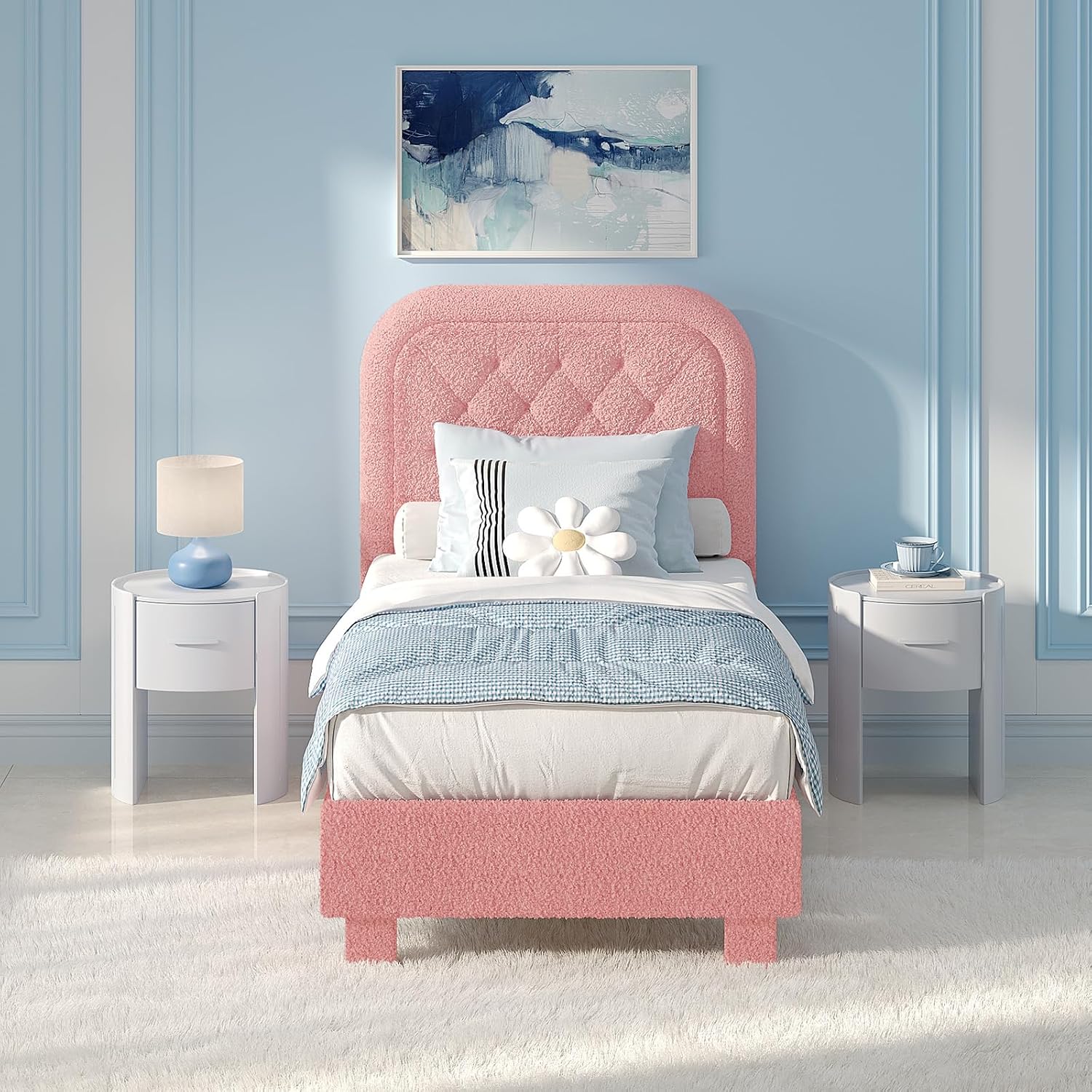 VINGLI Twin Platform Bed Frame Set of 2 with 46 Inches Tall Boucle Upholstered Headboard, Girls Puffy Cloud Princess Single Panel Bed with Rounded Corners for Kids Room, Apartment, Pink | Cream Furniture