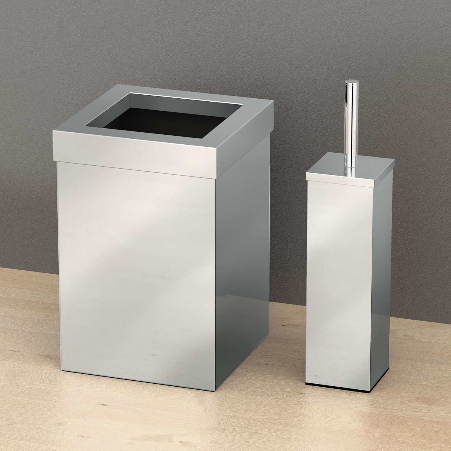 Gatco Small Bathroom Trash Can With Lid And Toilet Brush Set, Square 3 Gallon Stainless Steel Wastebasket, Under Sink, Chrome, For Bathroom, Bedroom, Office (2970)