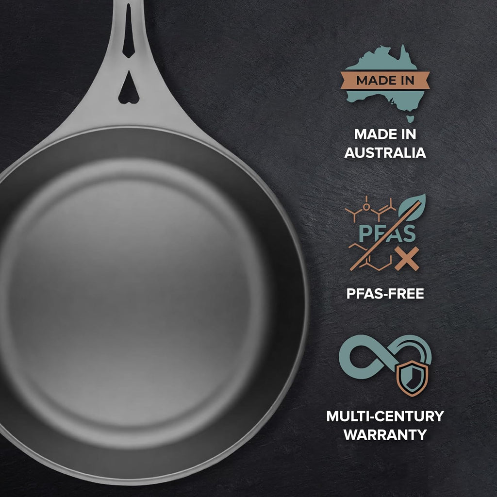 SOLIDTEKNICS 8' Outdoor Skillet Set – Naturally Seasoned Australian Iron Skillet with Lil Flippa Stainless Flipper & Mini Pan Scraper Lightweight Camping Cookware for Grill & Campfire Cooking
