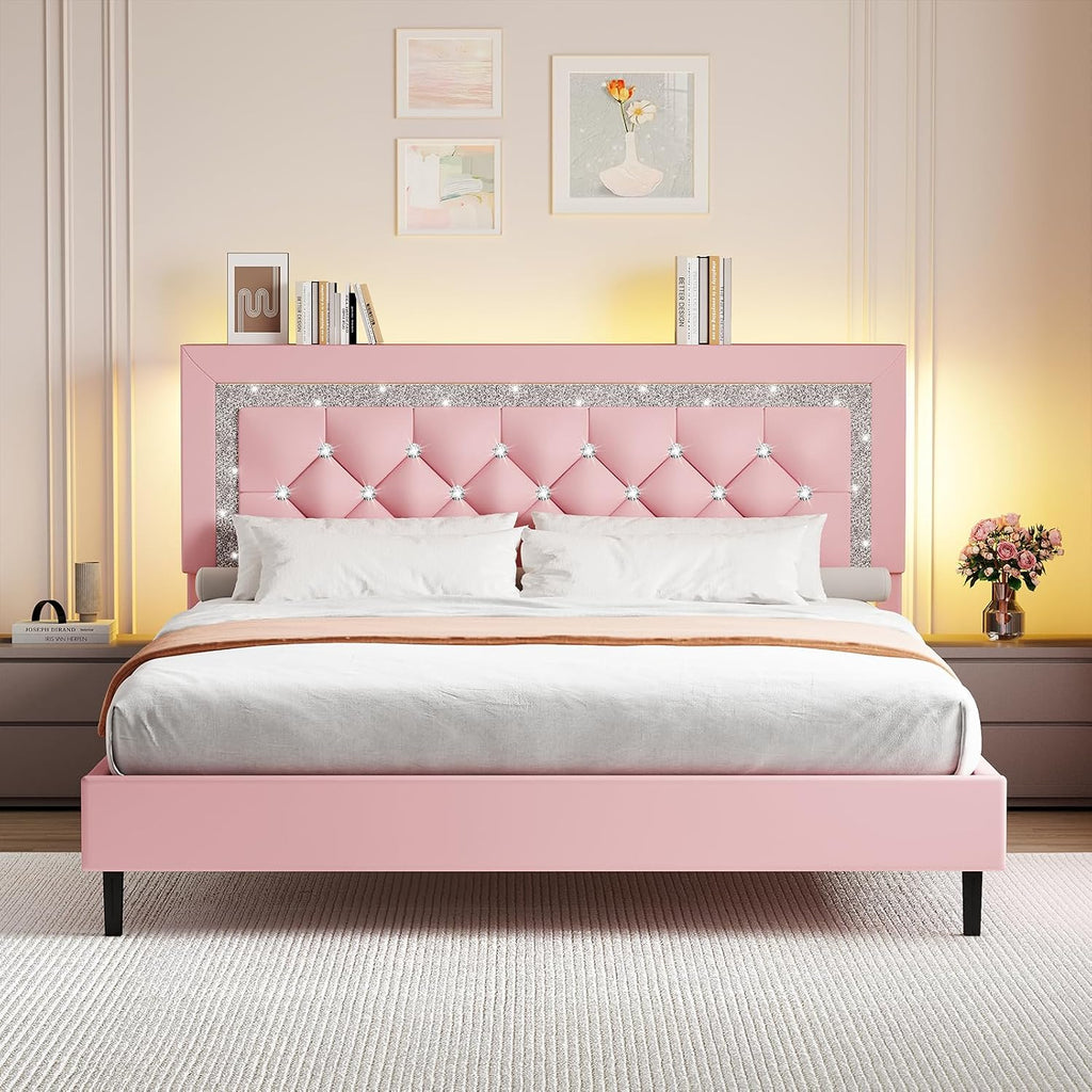 BarnFurin Full Size Bed Frame with Storage Headboard, Full Size Bed Frame with Headboard Diamond Tufted and LED Lights, Wooden Slats Support, Noise Free, No Box Spring Needed, Easy Assembly, Pink