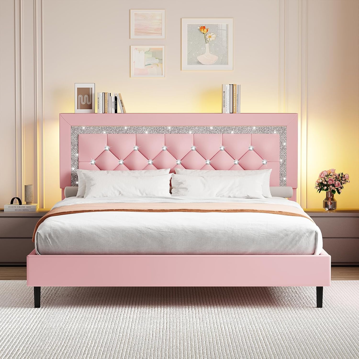 BarnFurin Full Size Bed Frame with Storage Headboard, Full Size Bed Frame with Headboard Diamond Tufted and LED Lights, Wooden Slats Support, Noise Free, No Box Spring Needed, Easy Assembly, Pink