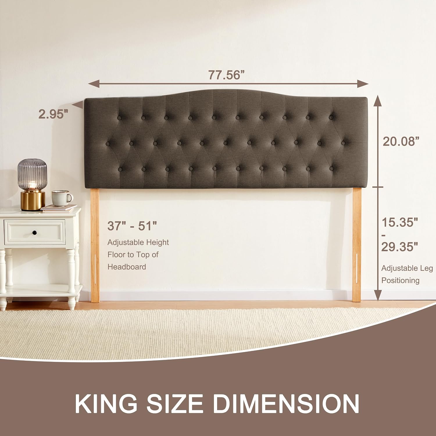 Huatean Home Tufted Upholstered Headboard King Size, Sturdy and Durable Solid Wood Bed headboard, Fabric Headboard Adjustable Height from 37' to 51', Modern Button Diamond Design Head Board, Chocolate