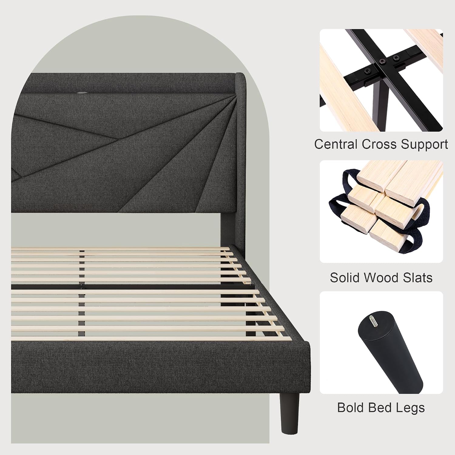 Feonase Full Size Bed Frame with Charging Station, Upholstered Linen Bedframe with Wingback Headboard, Solid Wood Slats Support, Noise Free, No Box Spring Needed, Charcoal Grey