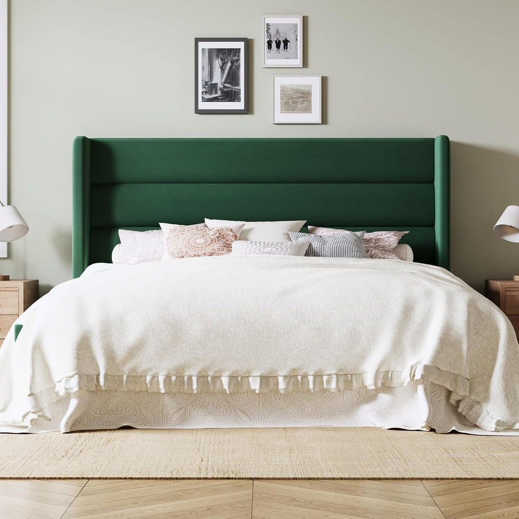 Allewie King Size Platform Bed Frame with Velvet Upholstered Wingback Headboard, No Box Spring Needed, Strong Wooden Slats, Under Bed Storage Space, Modern Mattress Foundation, Easy Assembly, Green