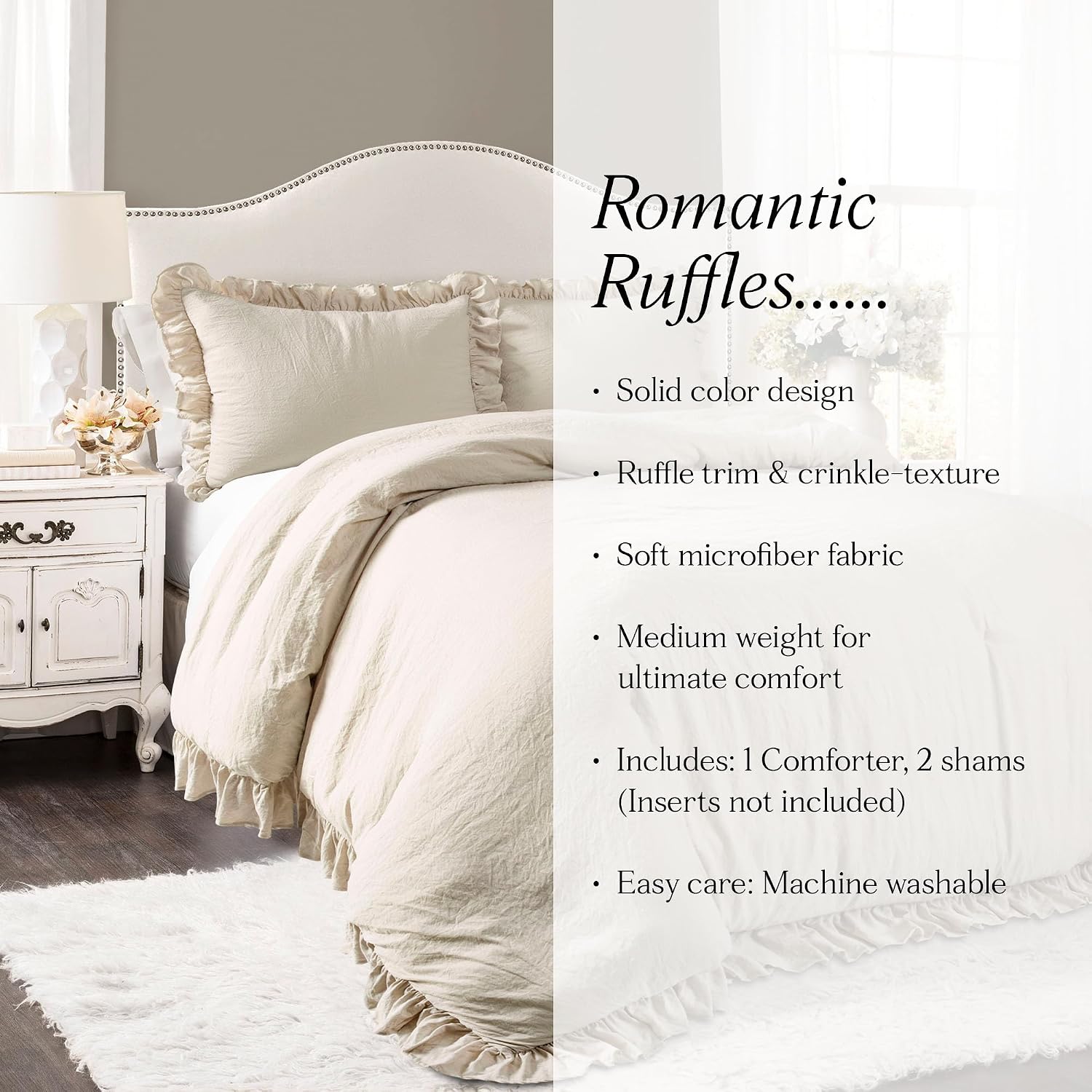 Lush Decor Reyna Ruffle Comforter Set - 3 Piece Cozy Ruffled Bedding Set - Timeless Elegance and Comfort for Bedroom - California King, Wheat